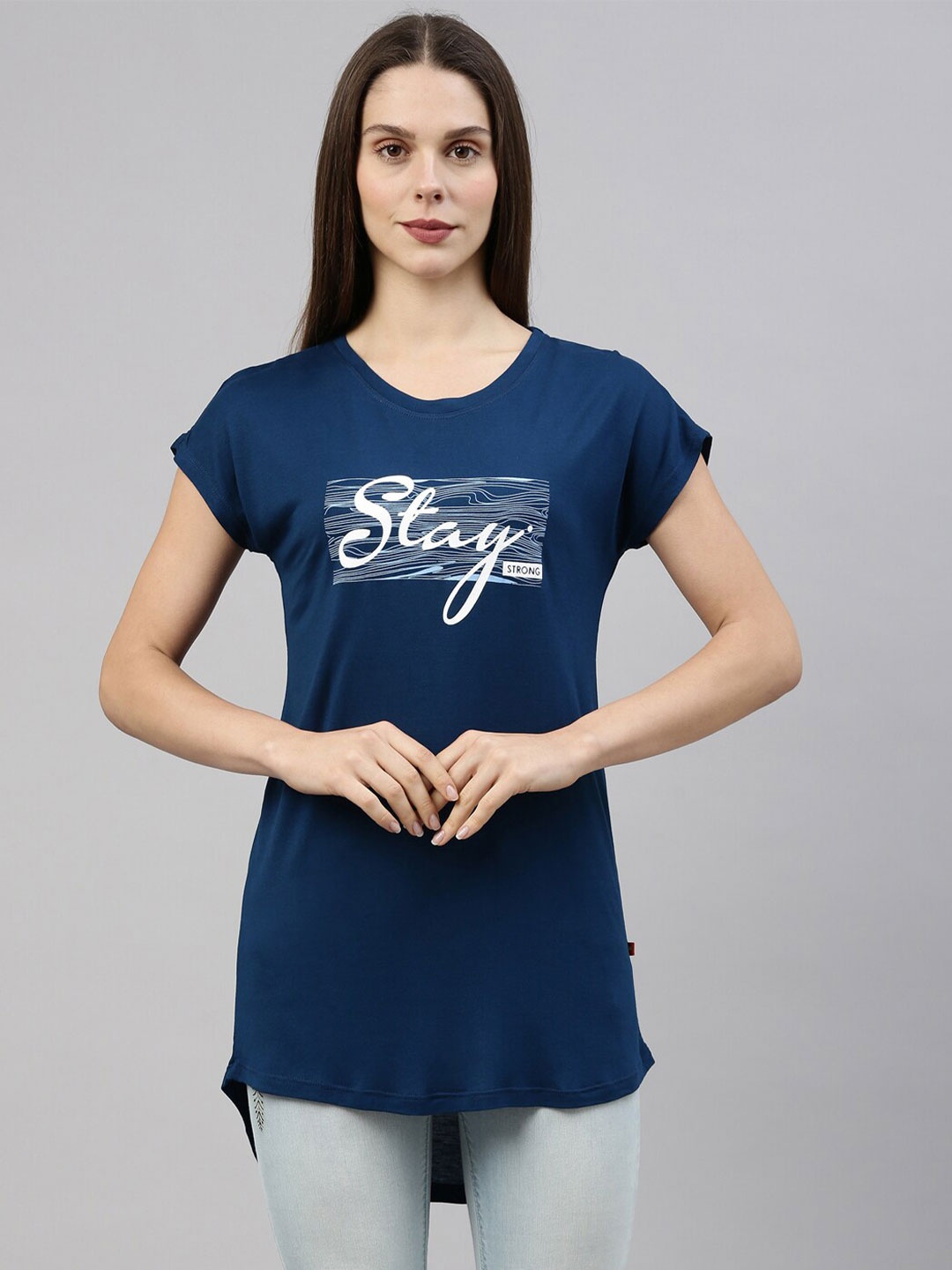 

GOLDSTROMS Women Blue Typography Printed Extended Sleeves T-shirt