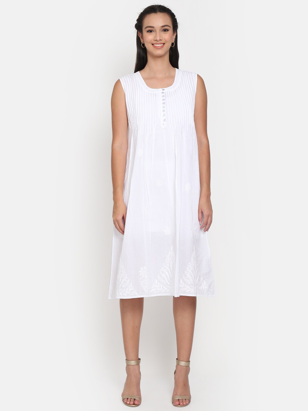 

PARAMOUNT CHIKAN White Embroidered Chikankari Cotton A-Line Dress