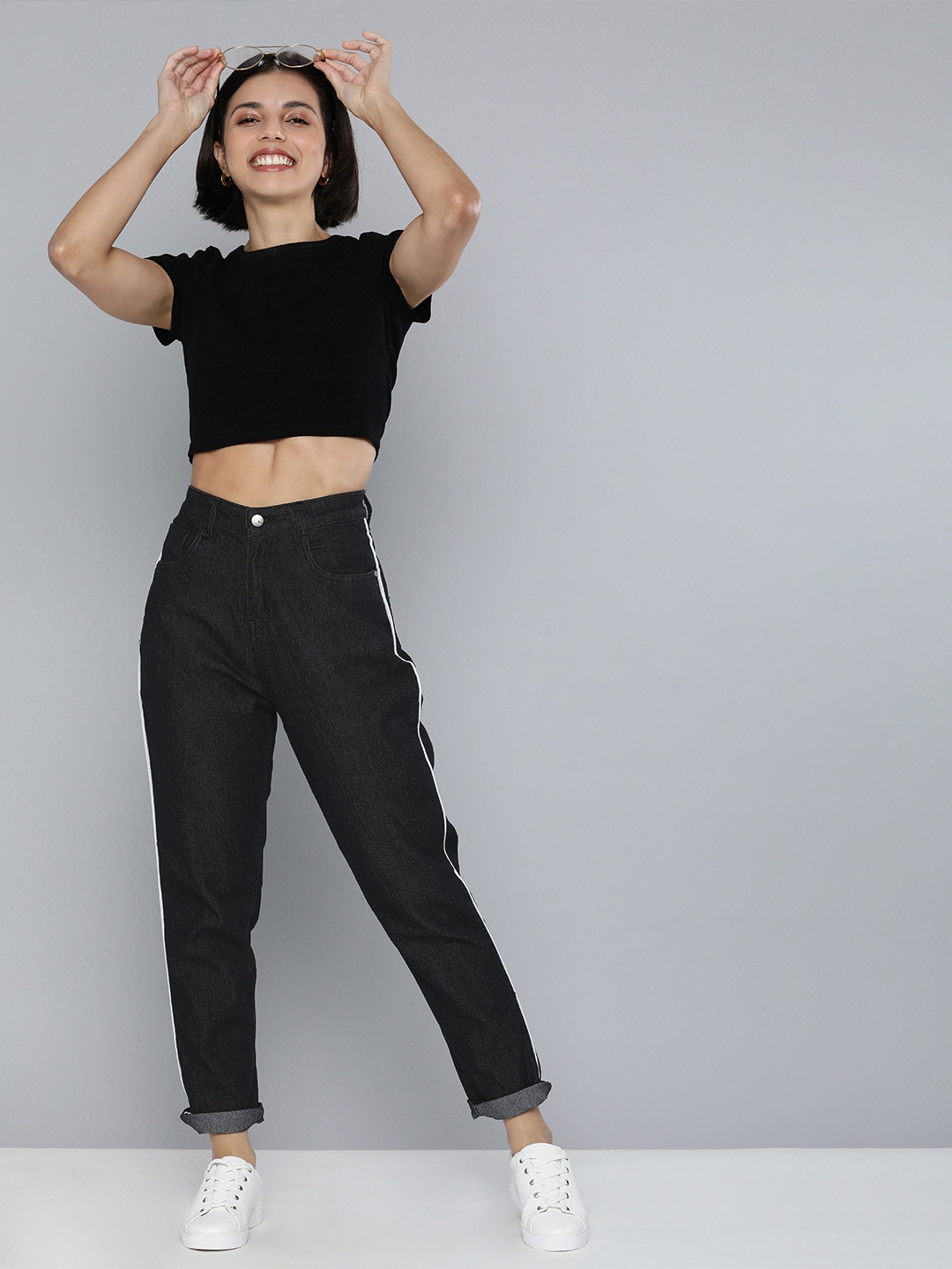 

Mast & Harbour Women Black Boyfriend Fit Stretchable Jeans With Side Stripe