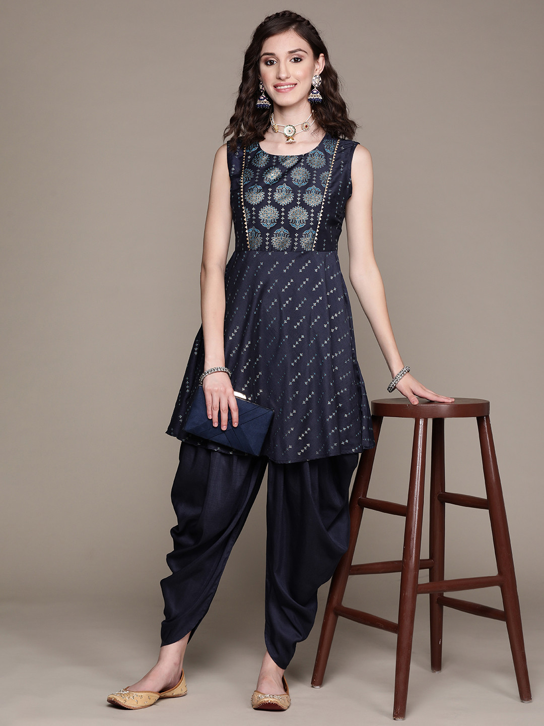 

ZIYAA Women Blue Ethnic & Golden Motifs Printed Kurta with Dhoti Pants