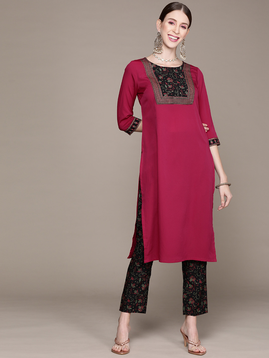 

ZIYAA Women Pink & Black Ethnic Printed Kurta with Trousers