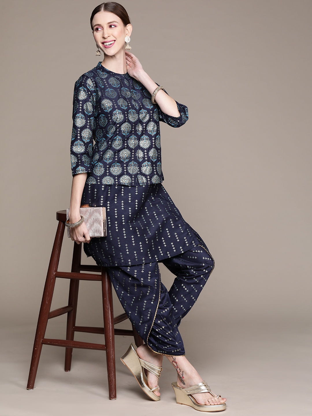 

ZIYAA Women Navy Blue & Golden Striped Kurta & Dhoti Pants with Jacket