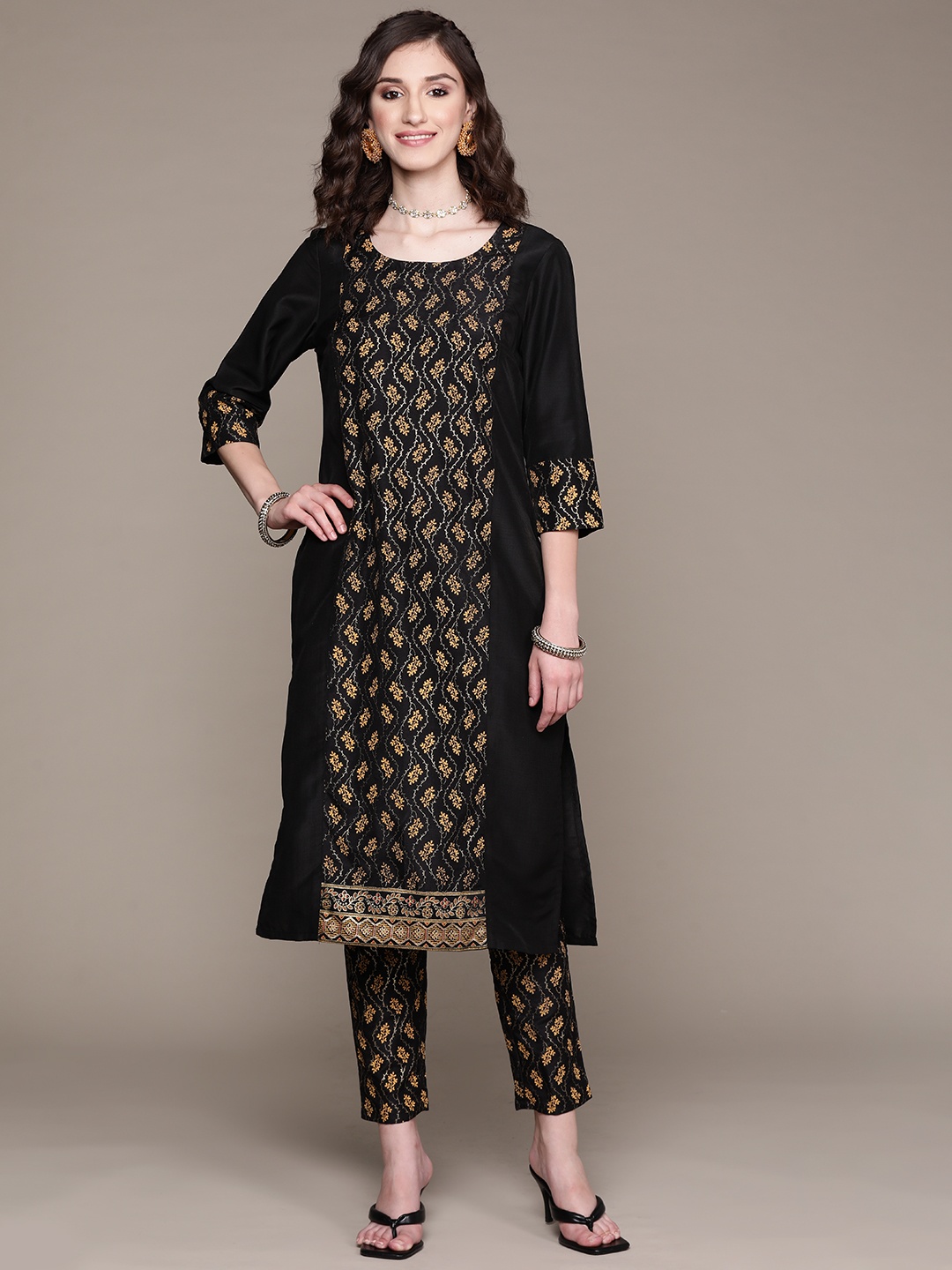 

ZIYAA Women Black & Golden Ethnic Printed Kurta with Trousers