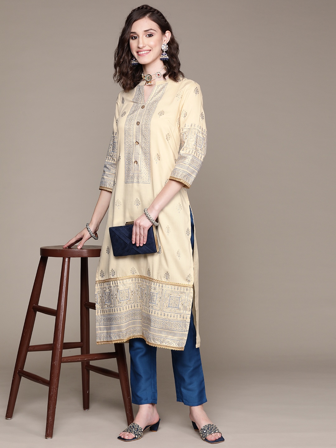 

ZIYAA Women Cream-Coloured Printed Sequinned Kurta with Trousers