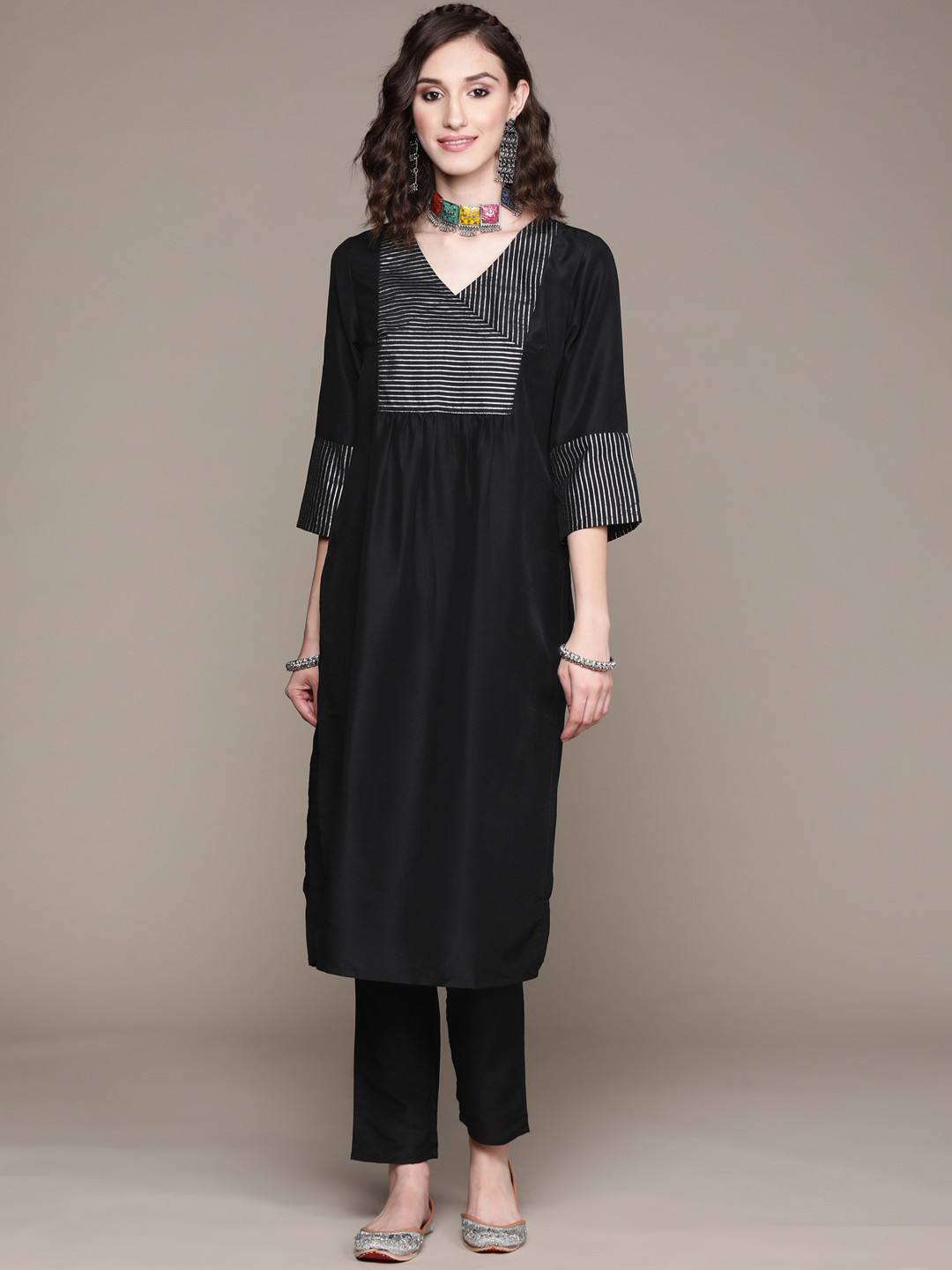

ZIYAA Women Black & Silver Yoke Design Kurta with Trousers