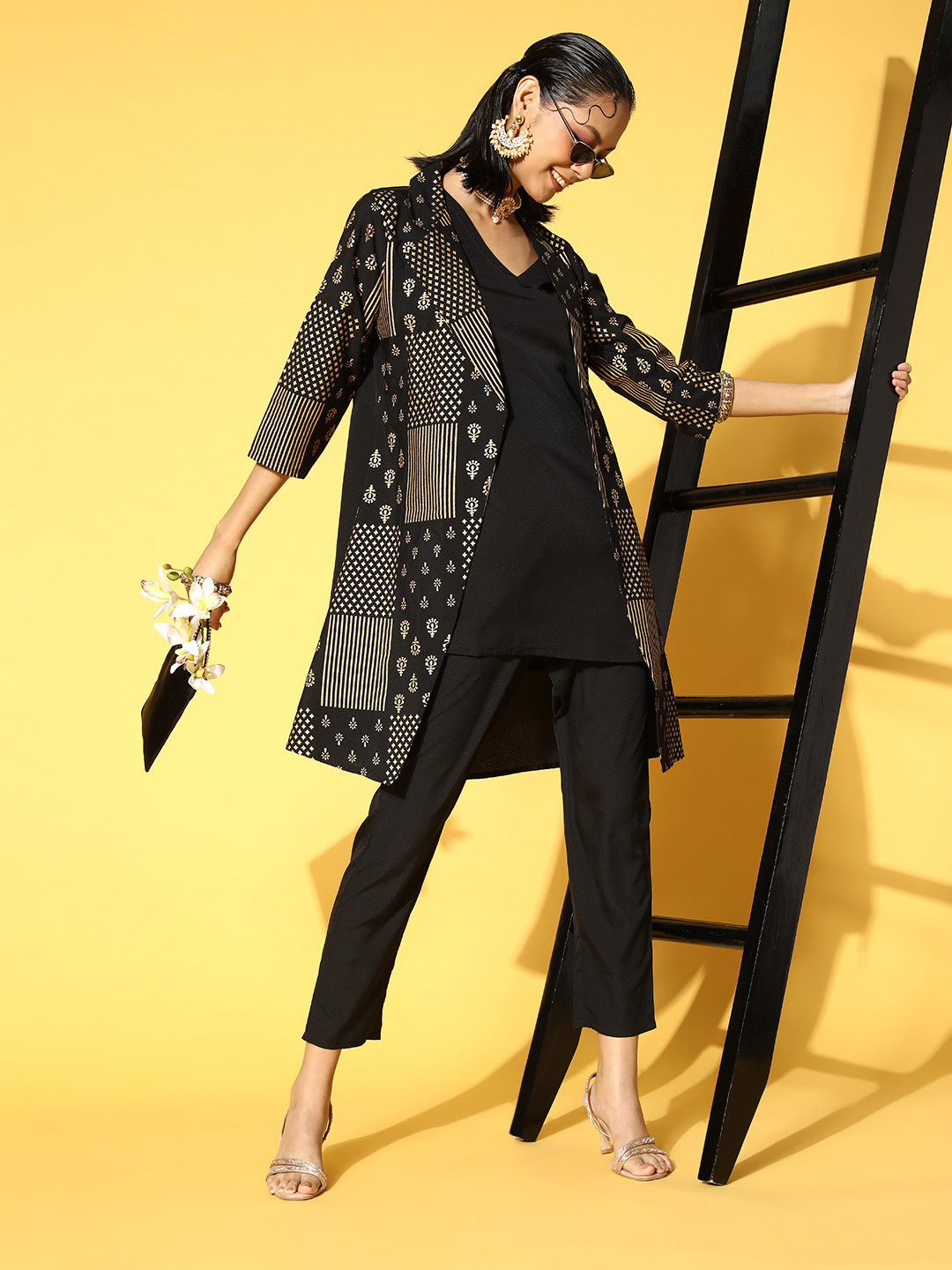 

ZIYAA Women Stunning Black Solid Tunic with Trousers