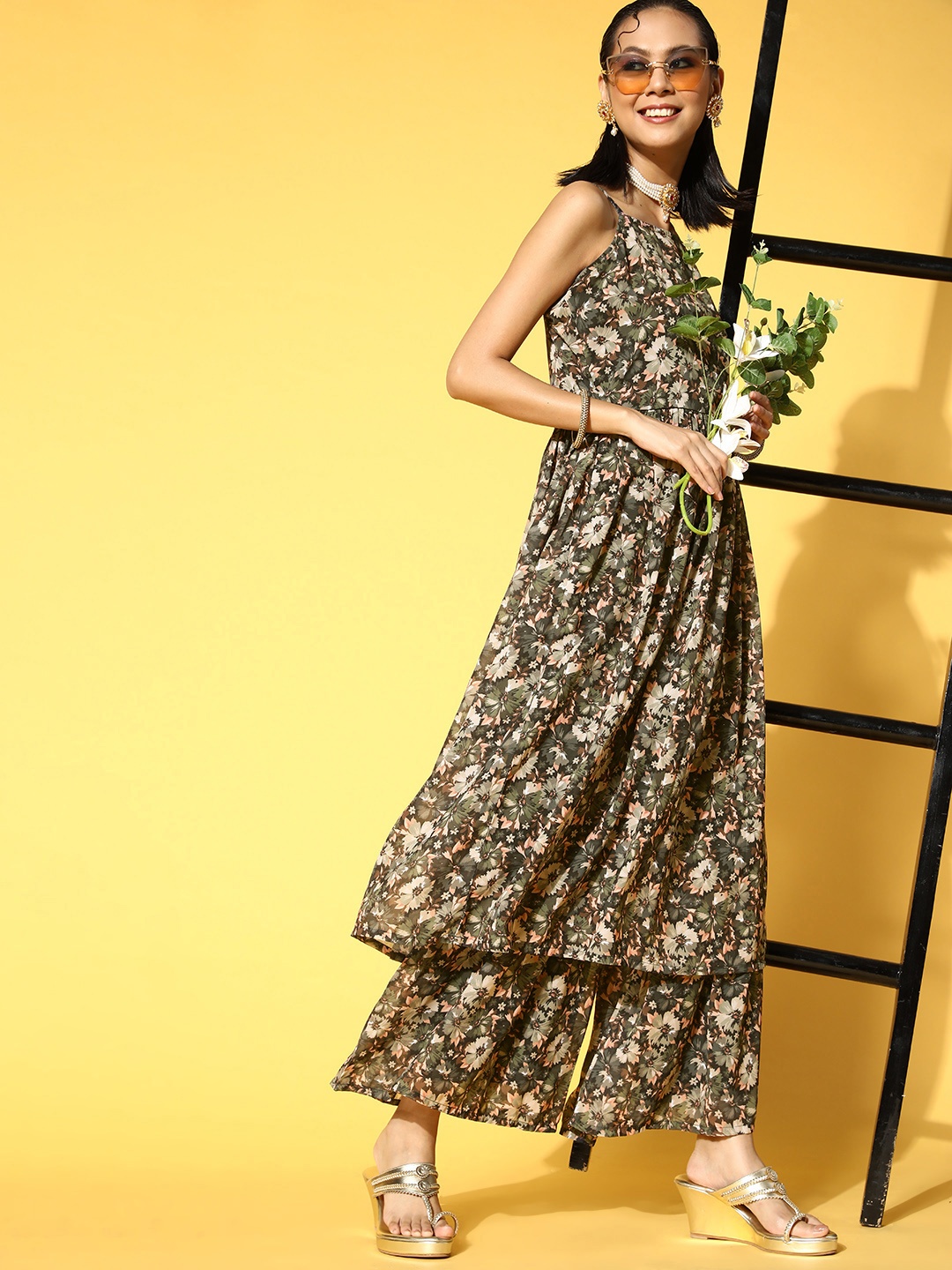 

ZIYAA Women Floral Poly-Georgette Print Parade Kurta Set, Olive