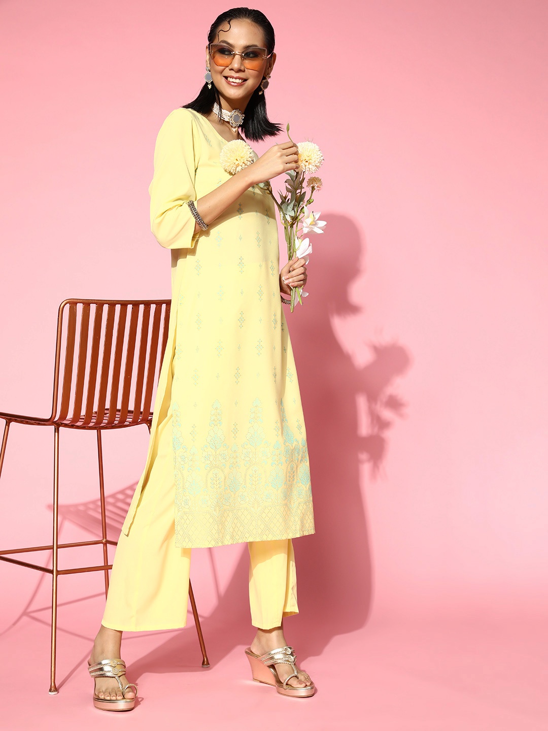

ZIYAA Women Ethnic Motifs Poly-Crepe Top to Toe Fusion Kurta Set, Yellow