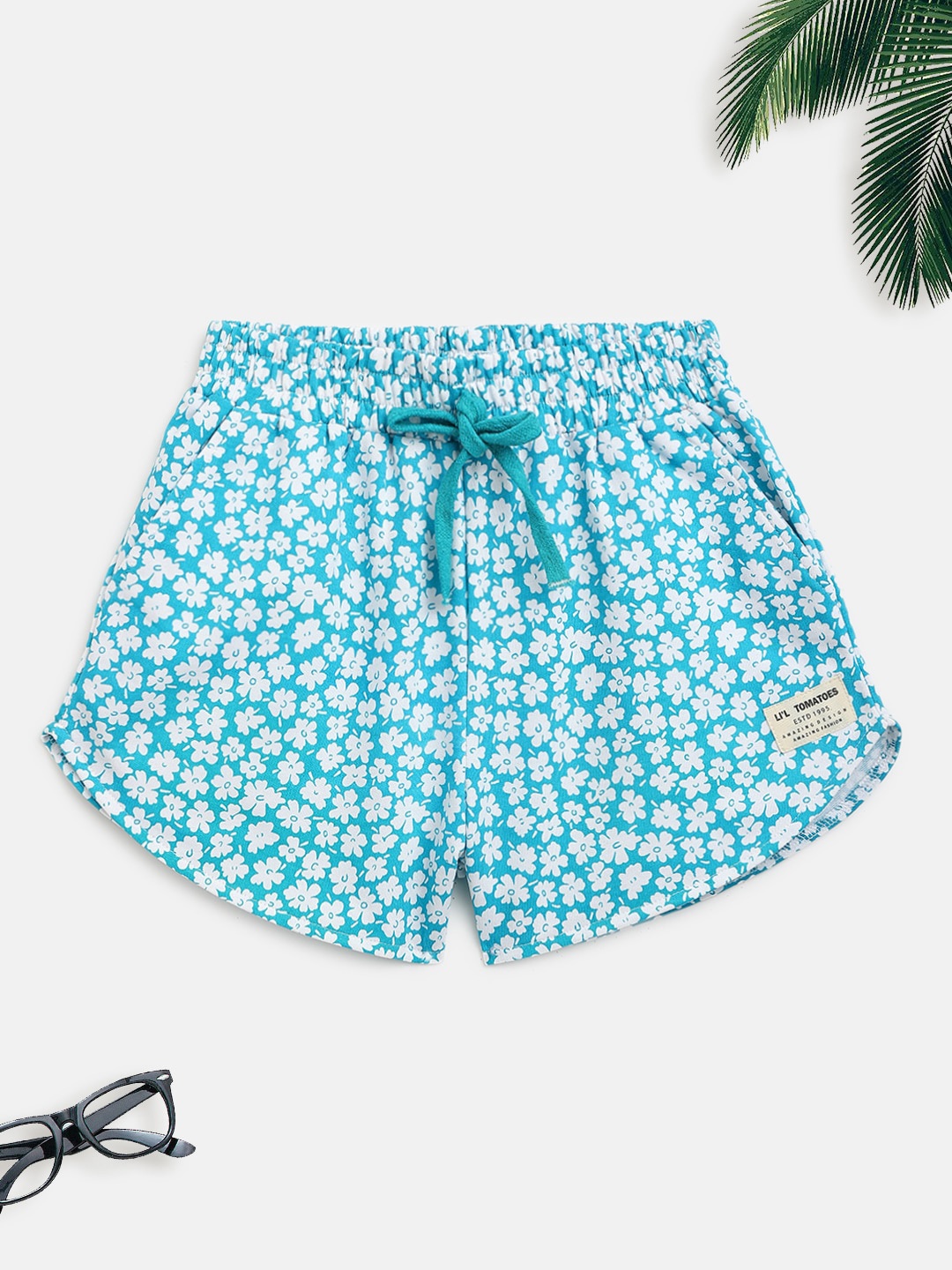 

Lil Tomatoes Girls Turquoise Blue & White Floral Printed Pure Cotton Shorts