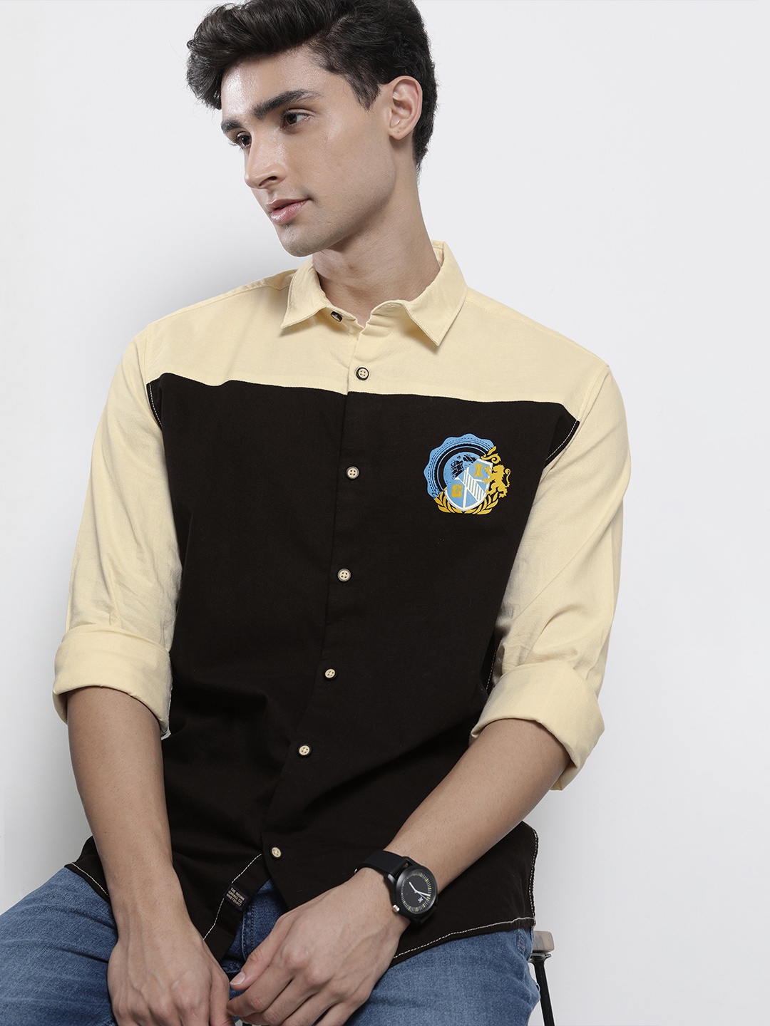 

The Indian Garage Co Men Yellow & Black Smart Colourblocked Cotton Casual Shirt