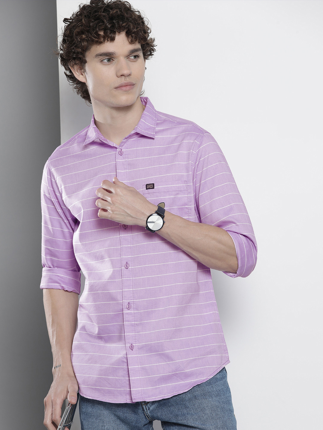 

The Indian Garage Co Men Purple Cotton Smart Slim Fit Striped Casual Shirt