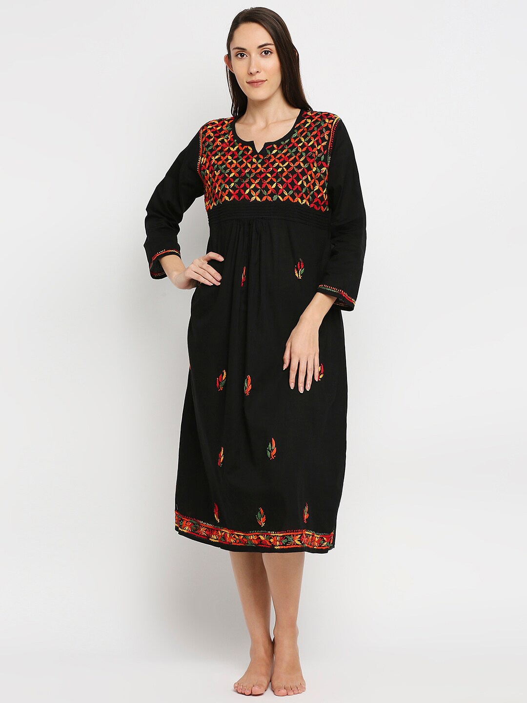 

Indiankala4u Black Embroidered Chikankari Pure Cotton Mid length Nightdress