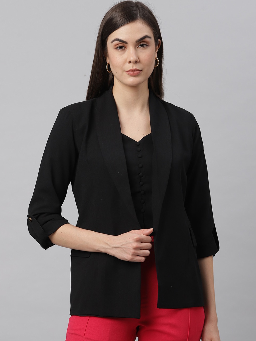 

JUNE & HARRY Women Black Solid Tuxedo Casual Blazer