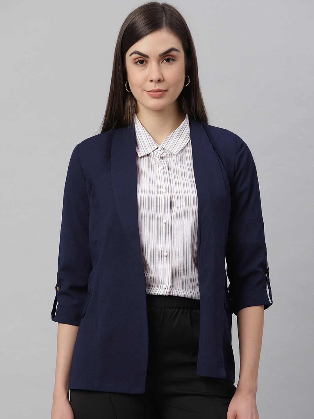 

JUNE & HARRY Women Navy Blue Solid Single-Breasted Casual Blazer