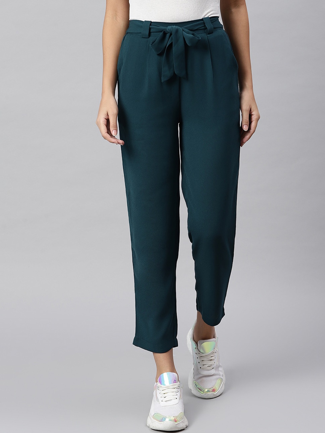 

JUNE & HARRY Women Teal Smart Slim Fit High-Rise Pleated Trousers