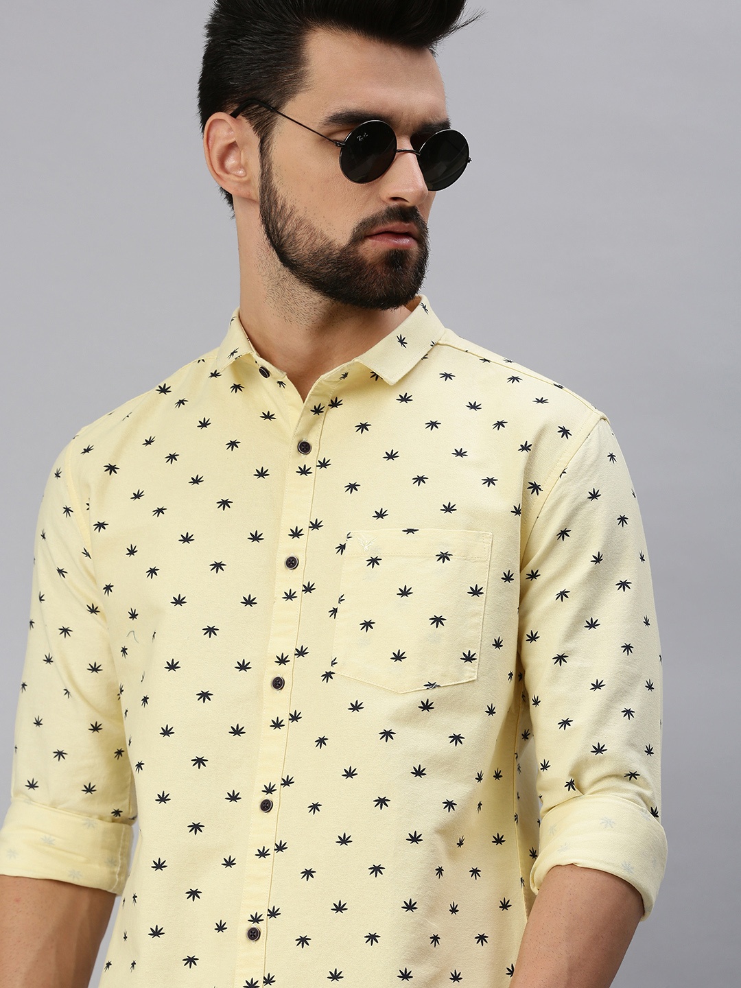 

SHOWOFF Men Yellow & Navy Blue Premium Slim Fit Printed Cotton Oxford Casual Shirt