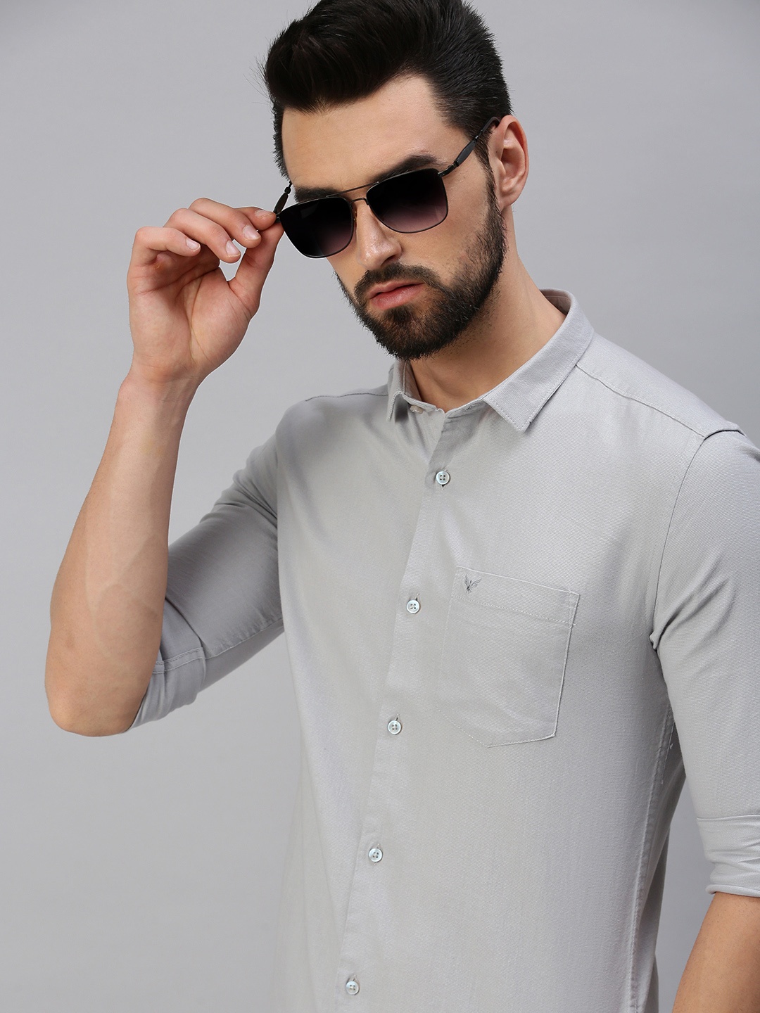 

SHOWOFF Men Grey Solid Comfort Slim Fit Cotton Semiformal Shirt