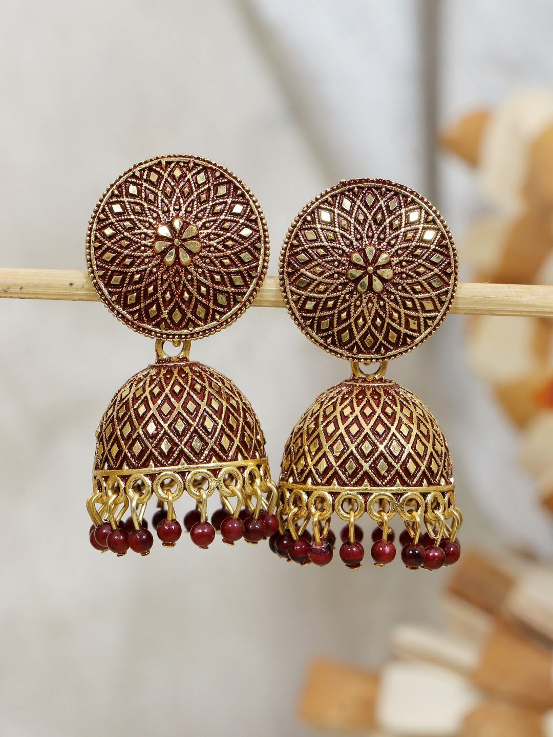 

Crunchy Fashion Maroon & Oxidised Gold-Plated Enamel Jhumkas Earrings