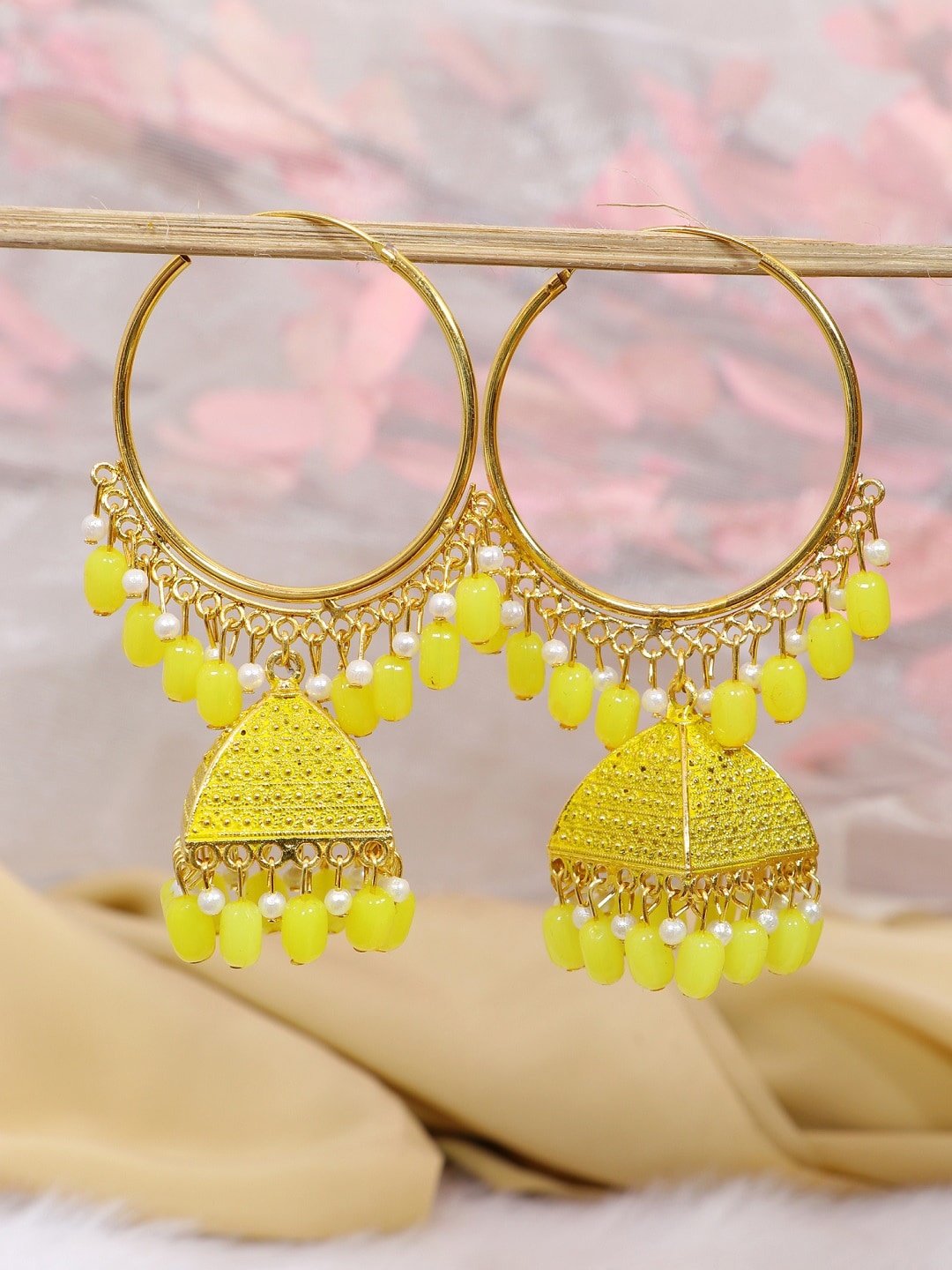 

Crunchy Fashion Yellow & Gold-Toned Dome Shaped Hoop Earrings