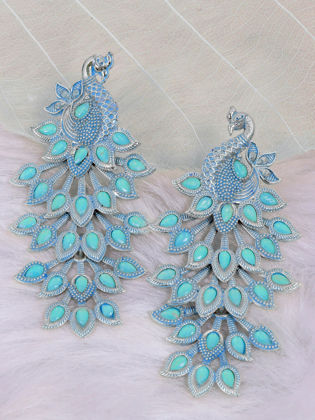 

Crunchy Fashion Blue Peacock Shaped Silver-Plated Oxidized Drop Earrings