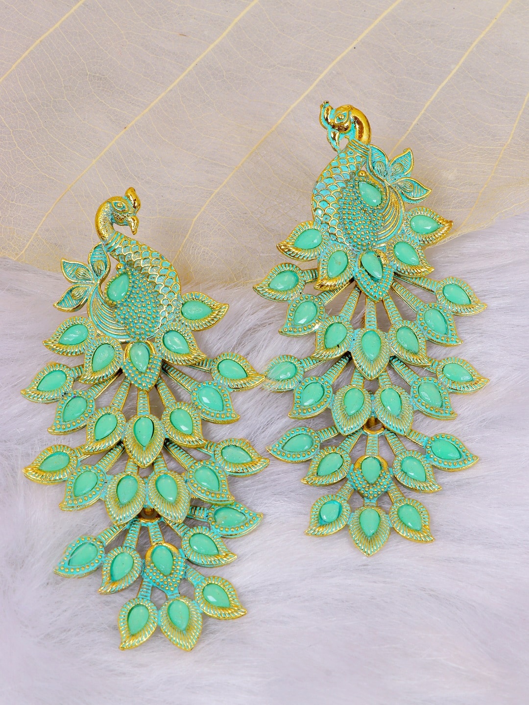 

Crunchy Fashion Gold-Plated Green Peacock Shaped Oxidized Drop Earrings