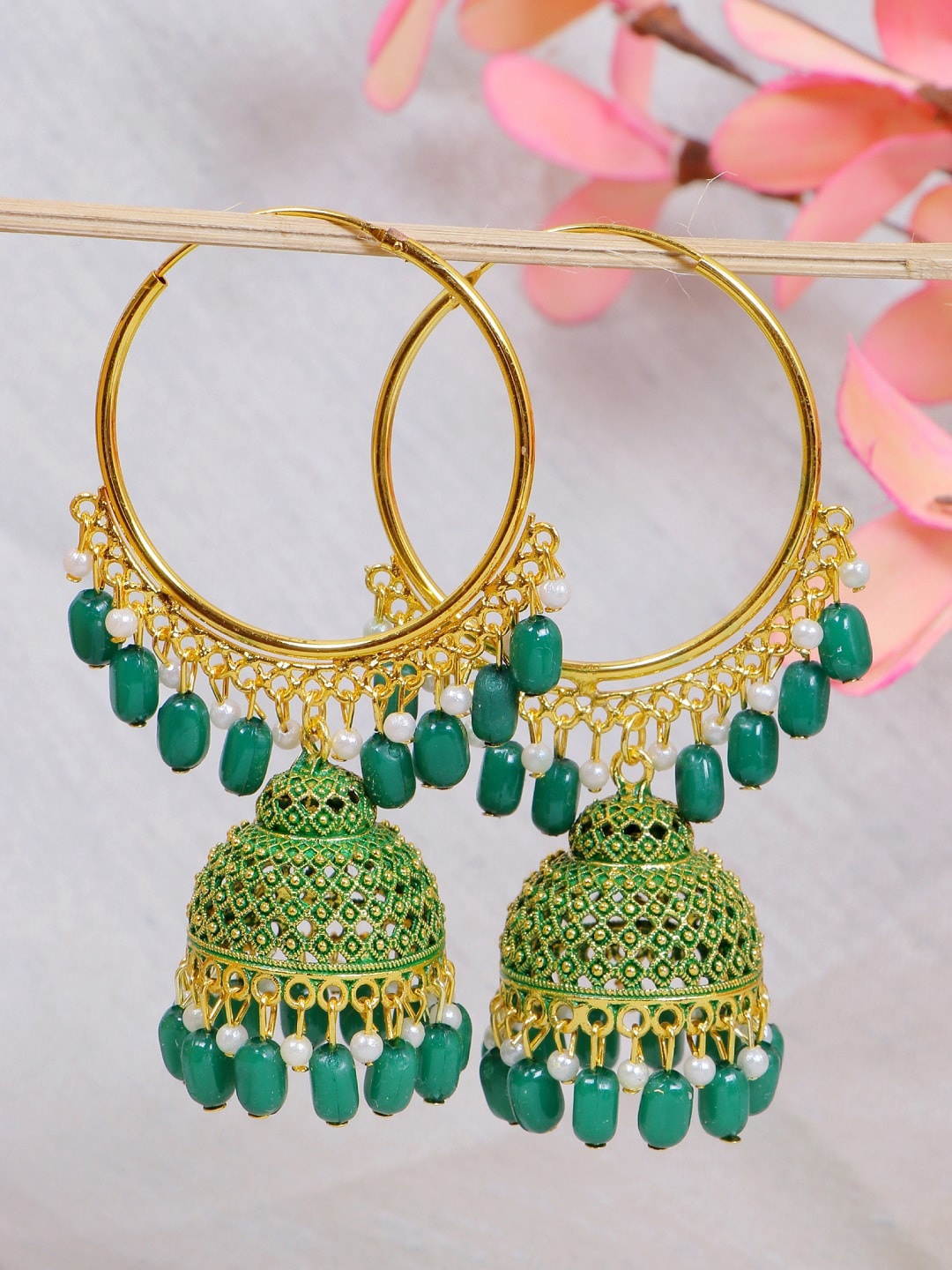 

Crunchy Fashion Gold-Toned & Green Dome Shaped Jhumkas Earrings