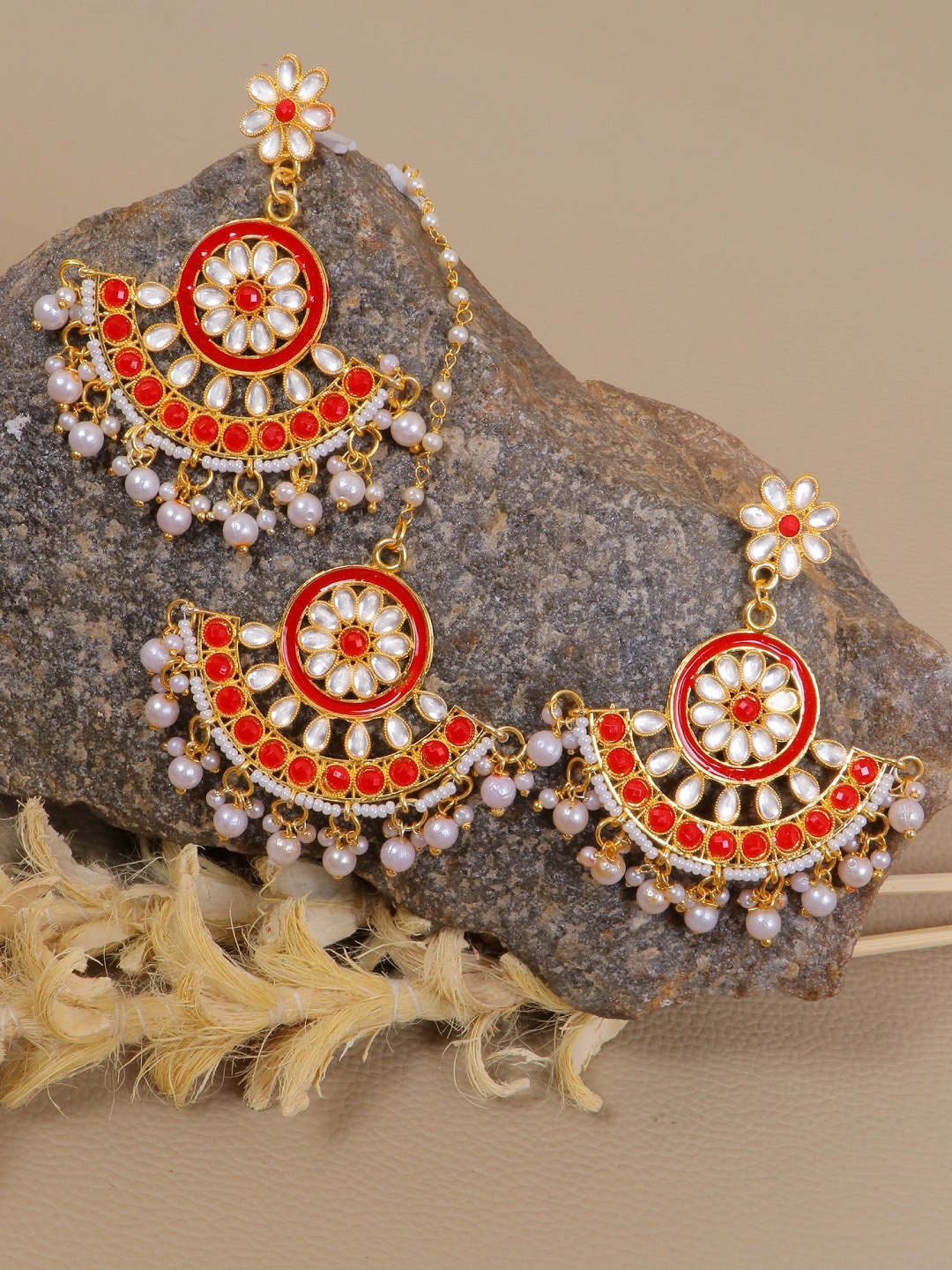 

Crunchy Fashion Gold-Toned & Red Contemporary Chandbalis Jewellery Set