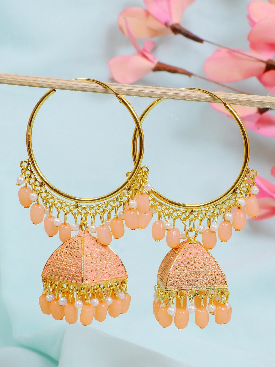 

Crunchy Fashion Gold-Plated Peach-Coloured & White Pearls Beaded Classic Hoop Earrings