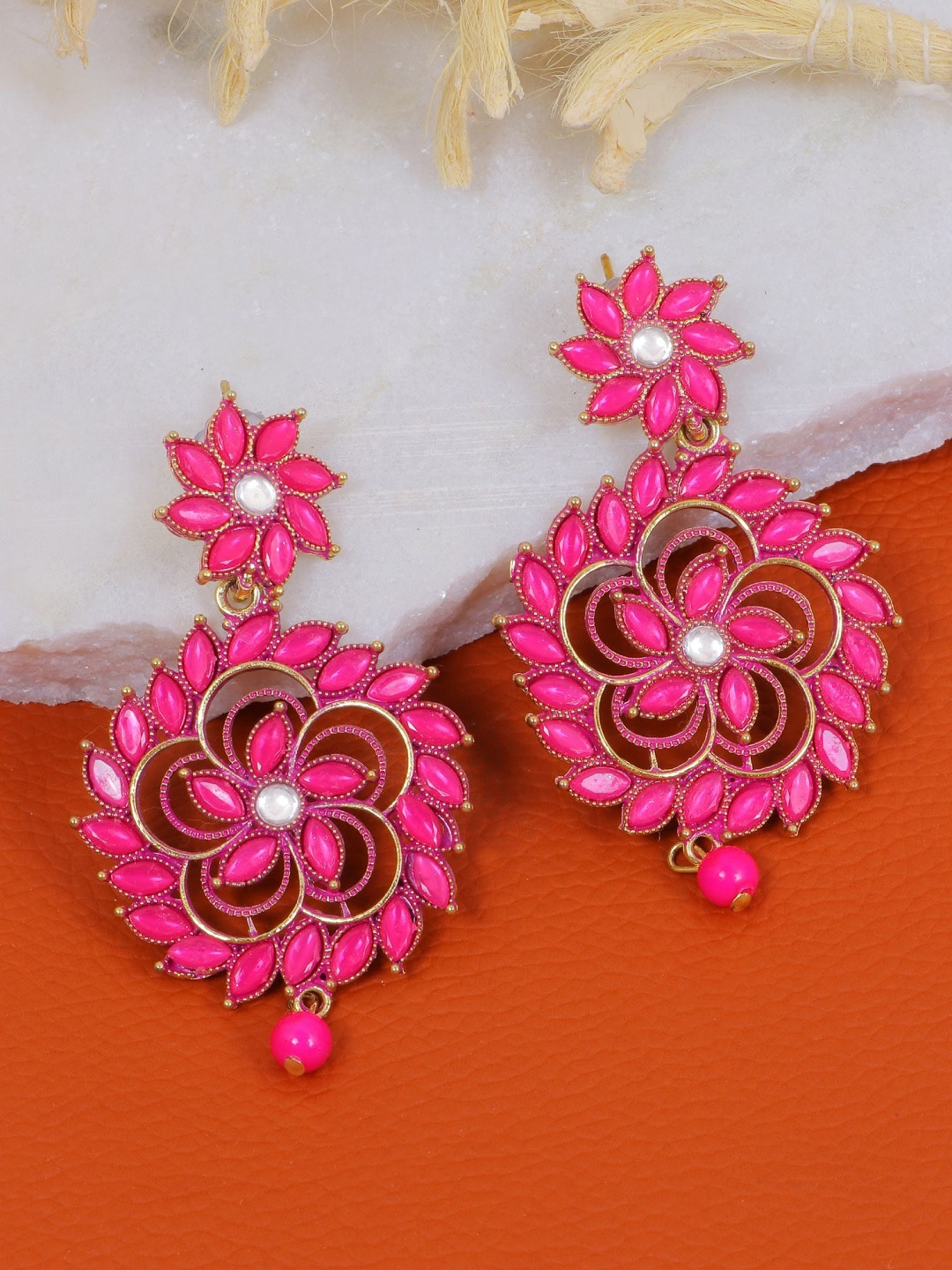 

Crunchy Fashion Pink Floral Gold-Plated Kundan Drop Earrings