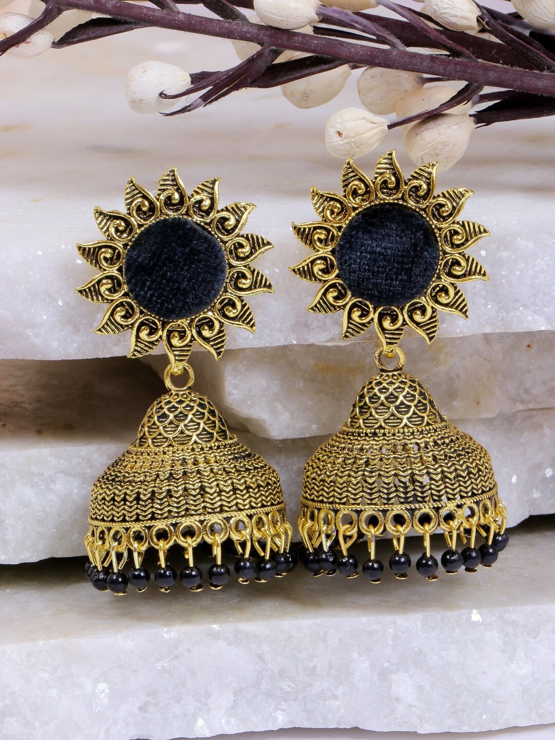 

Crunchy Fashion Black & Gold-Plated Contemporary Jhumkas Earrings