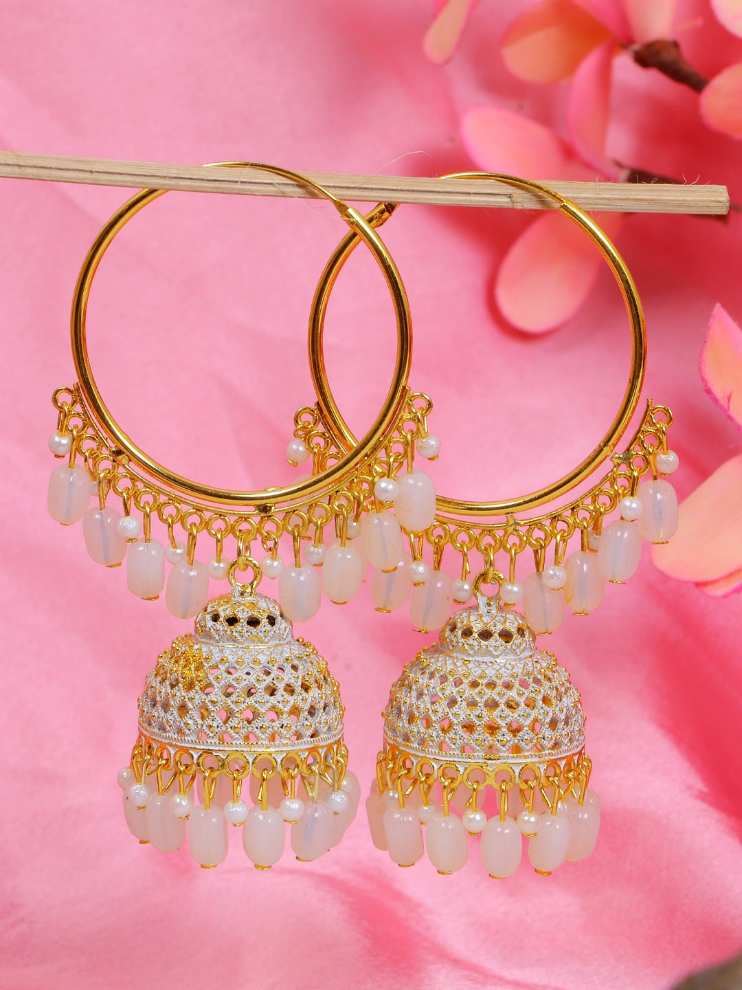 

Crunchy Fashion Gold Plated & White Pearls Contemporary Jhumkas Earrings