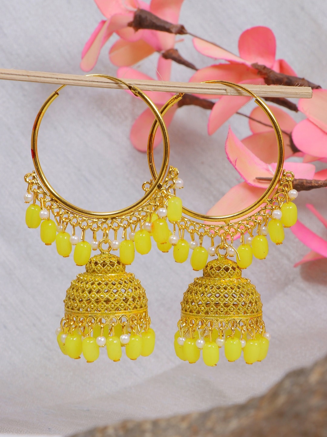 

Crunchy Fashion Gold-Plated Yellow Dome Shaped Chandbalis Earrings
