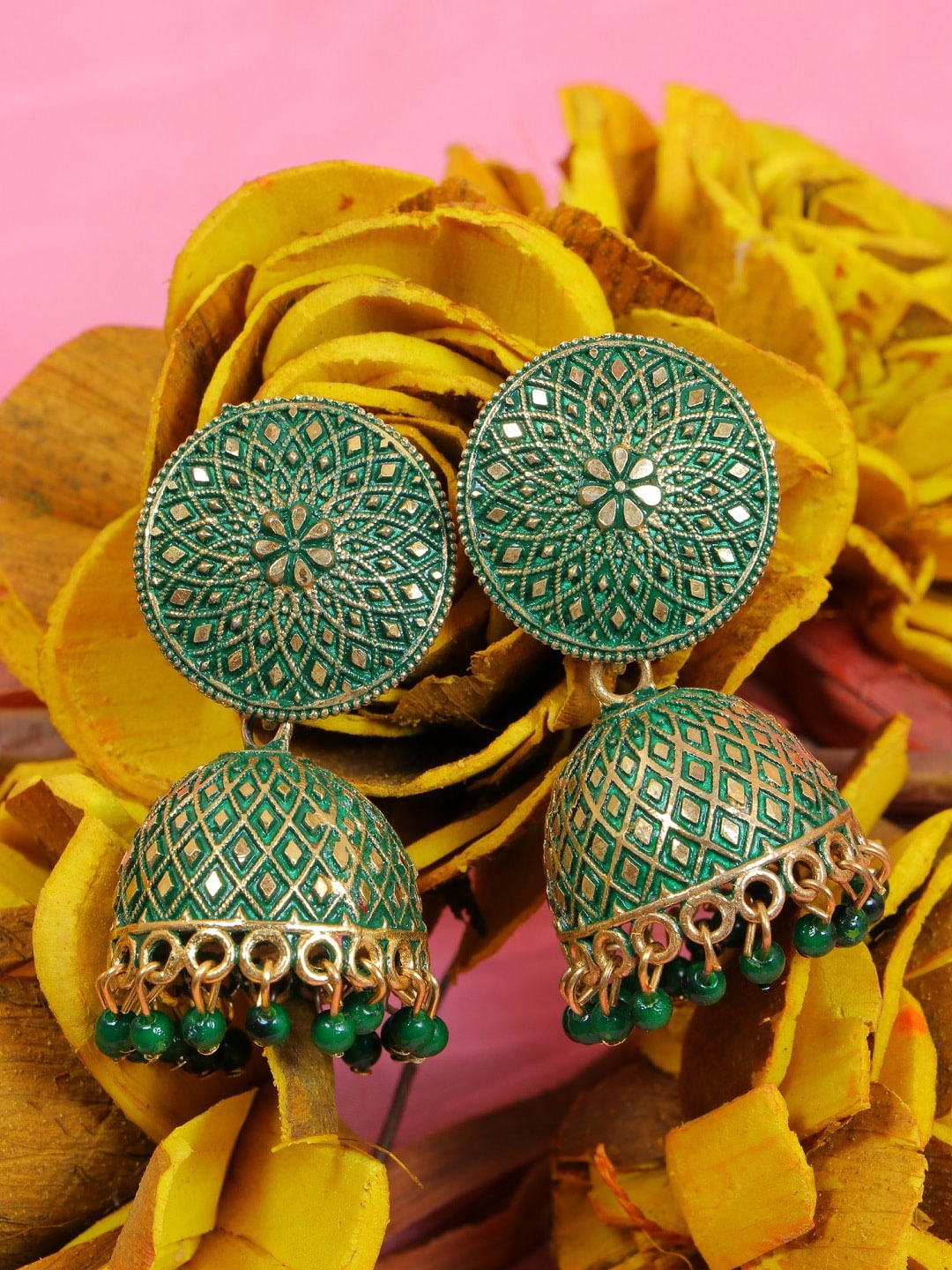 

Crunchy Fashion Green & Gold-Plated Jhumkas Earrings