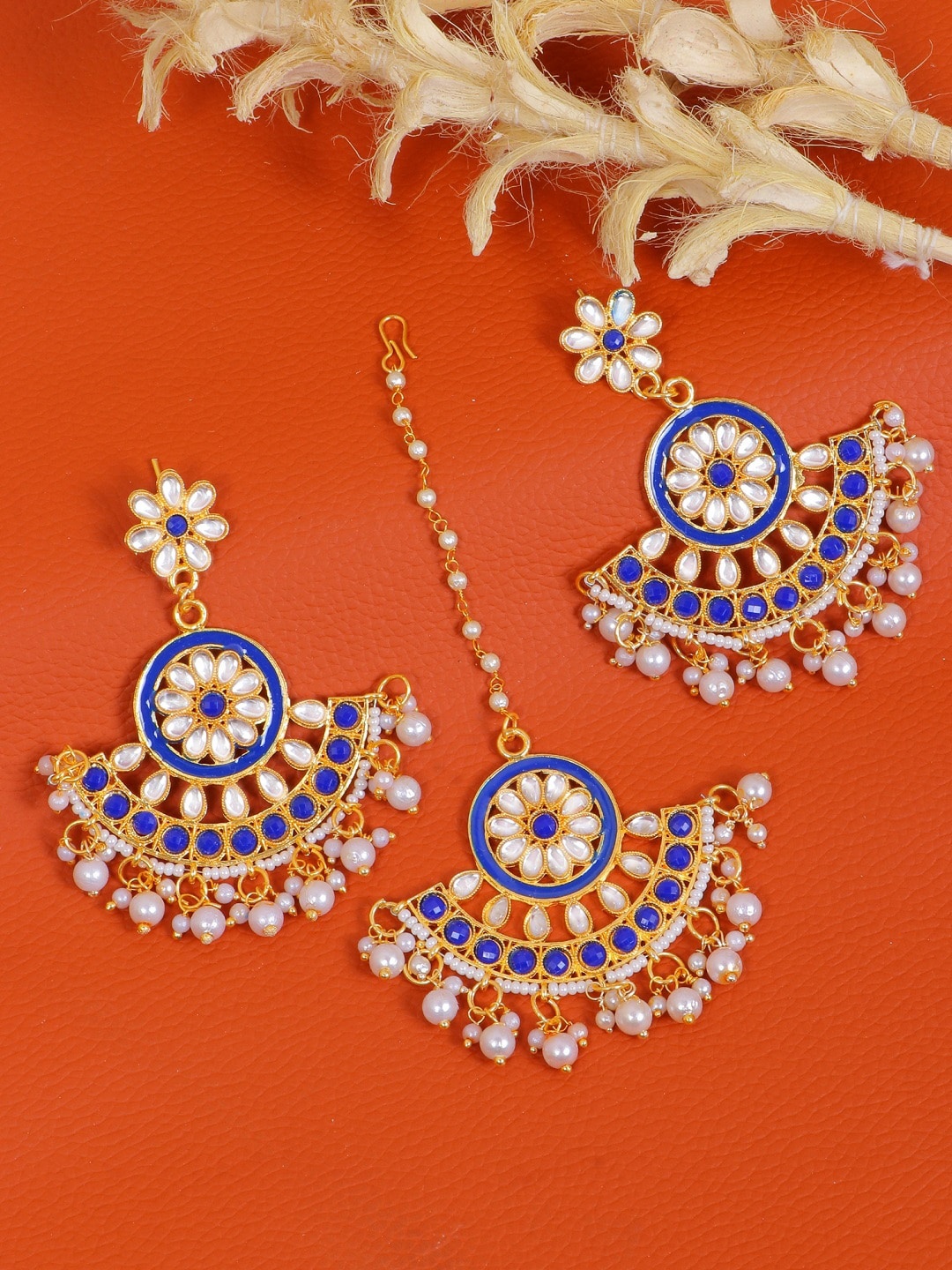 

Crunchy Fashion Gold-Toned & Blue Contemporary Chandbalis Earrings with Maang Tika