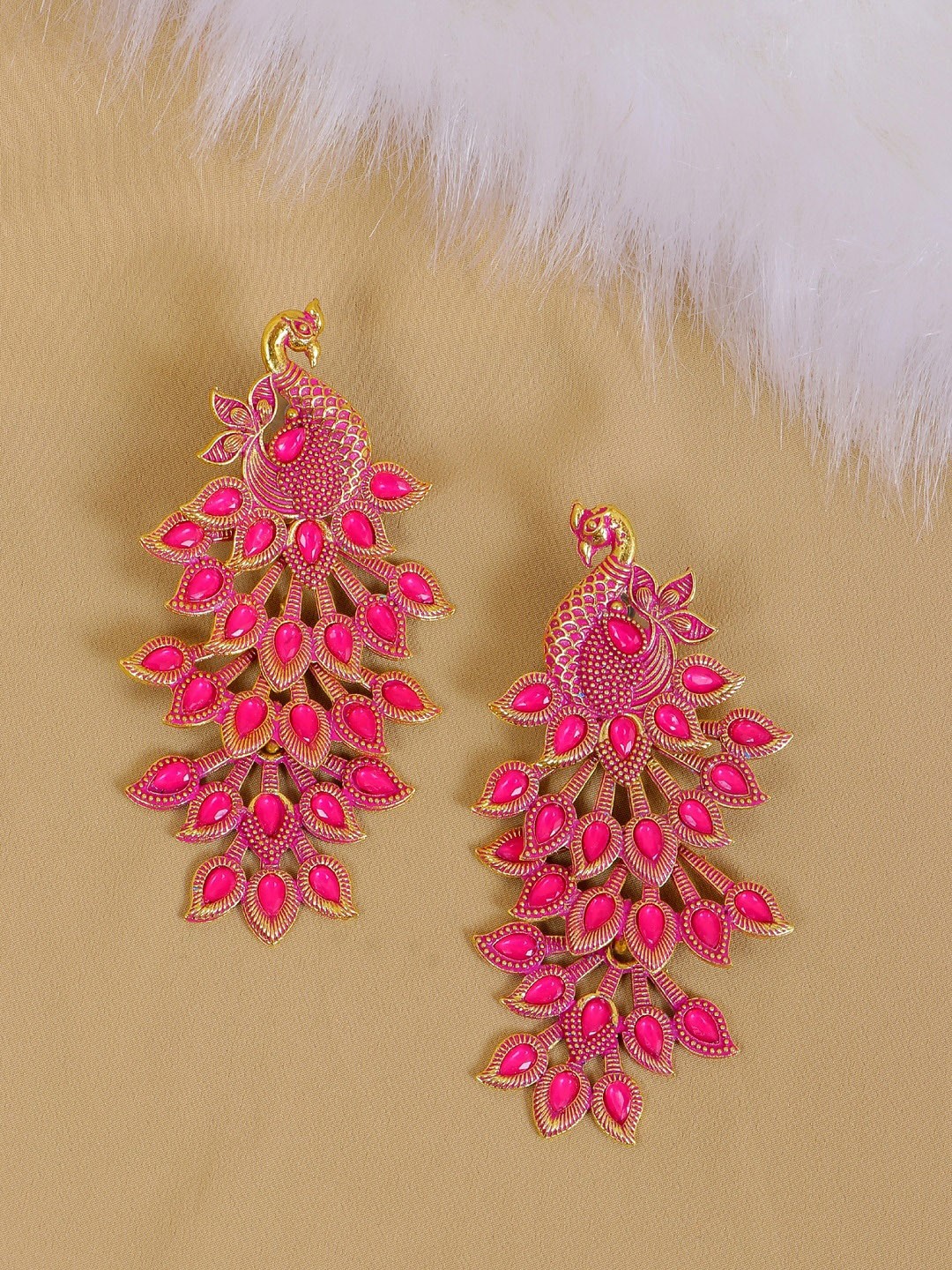 

Crunchy Fashion Pink Contemporary Peacock Design Drop Earrings
