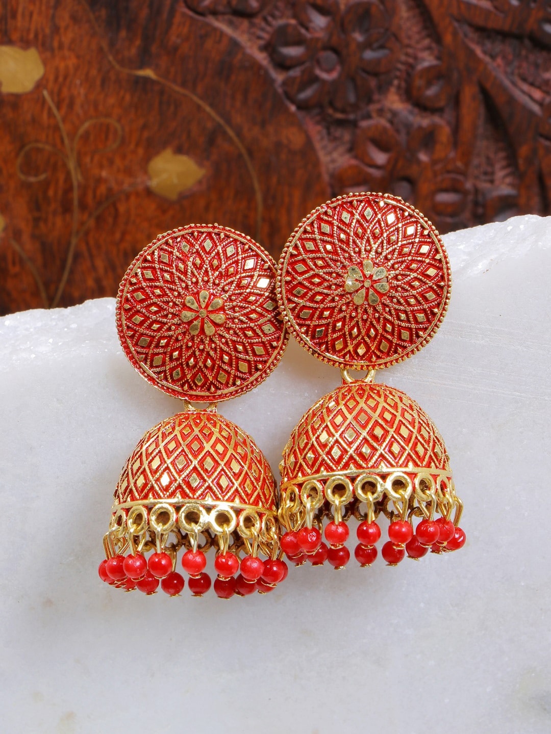 

Crunchy Fashion Red & Gold-Plated Enamel Nakashi Jhumkas Earrings