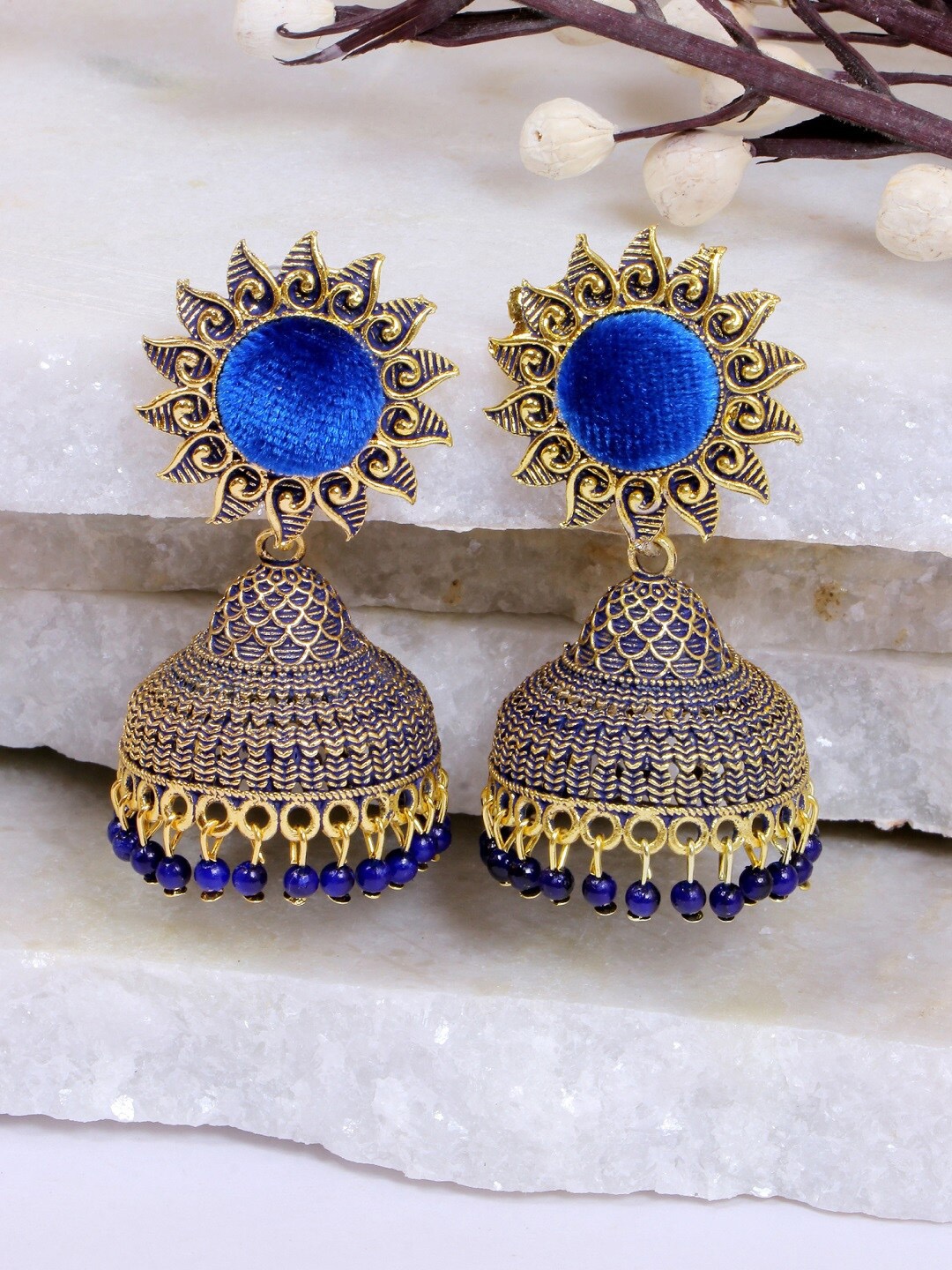 

Crunchy Fashion Blue Gold-Plated Dome Shaped Jhumkas Earrings