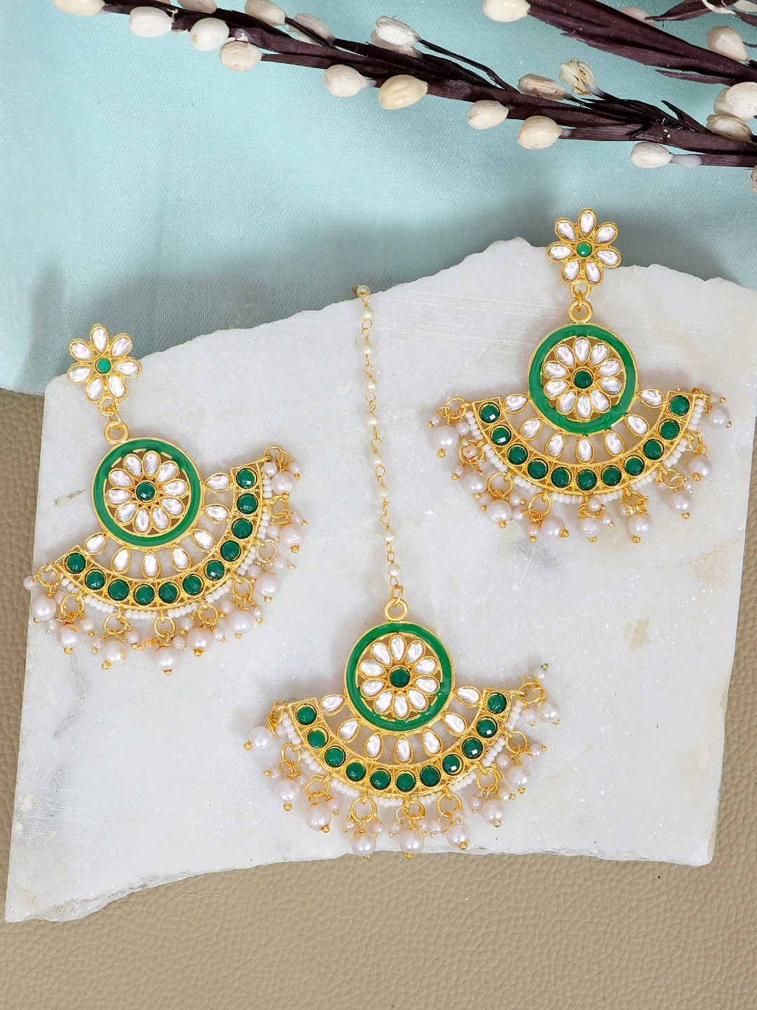 

Crunchy Fashion Women Green Enamelled Contemporary Drop Earrings with Maangtikha