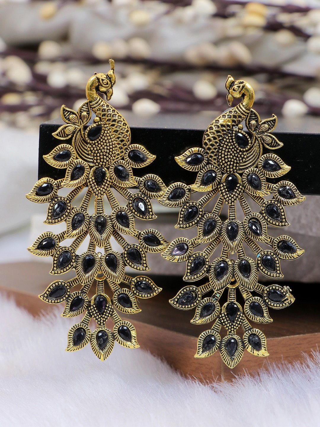 

Crunchy Fashion Black & Gold-Plated Peacock Shaped Drop Earrings