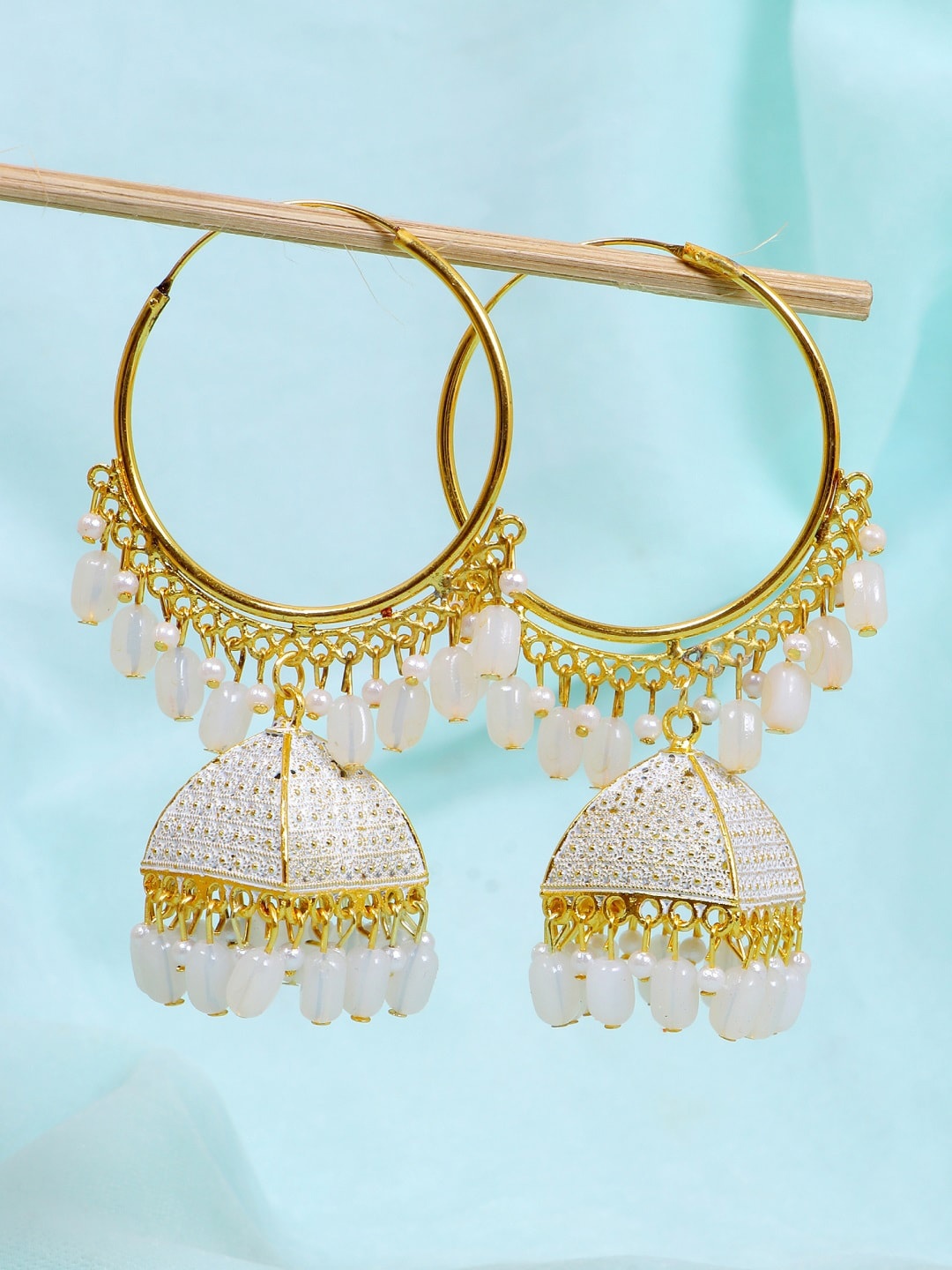 

Crunchy Fashion White & Gold-Plated Dome Shaped Jhumkas Earrings