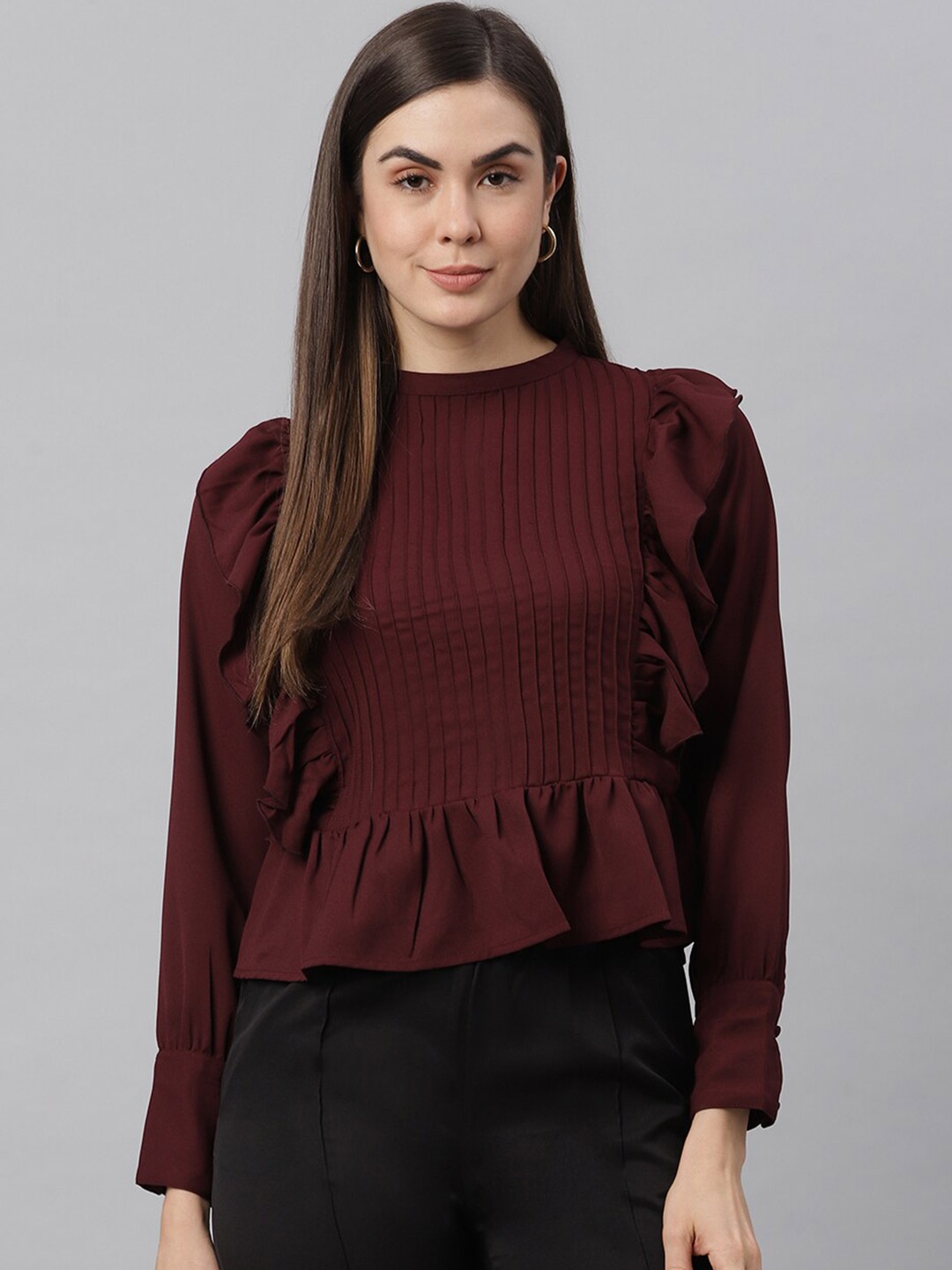 

JUNE & HARRY Maroon Ruffles Peplum Top