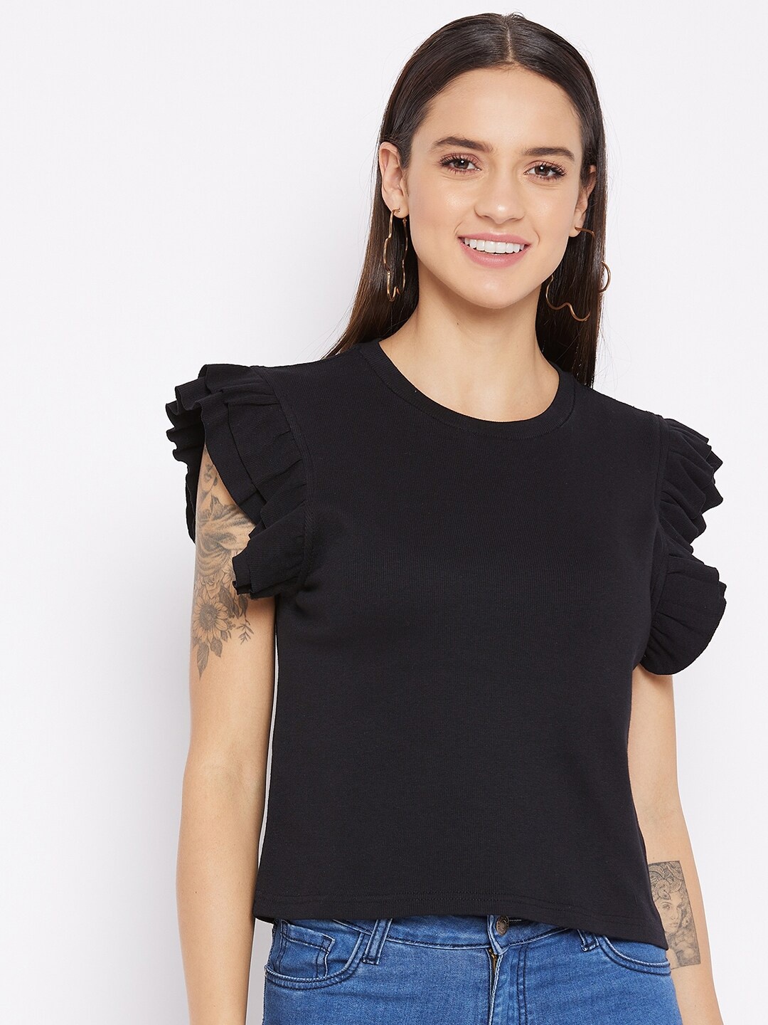 

JUNE & HARRY Black Flutter Sleeves Knitted Top