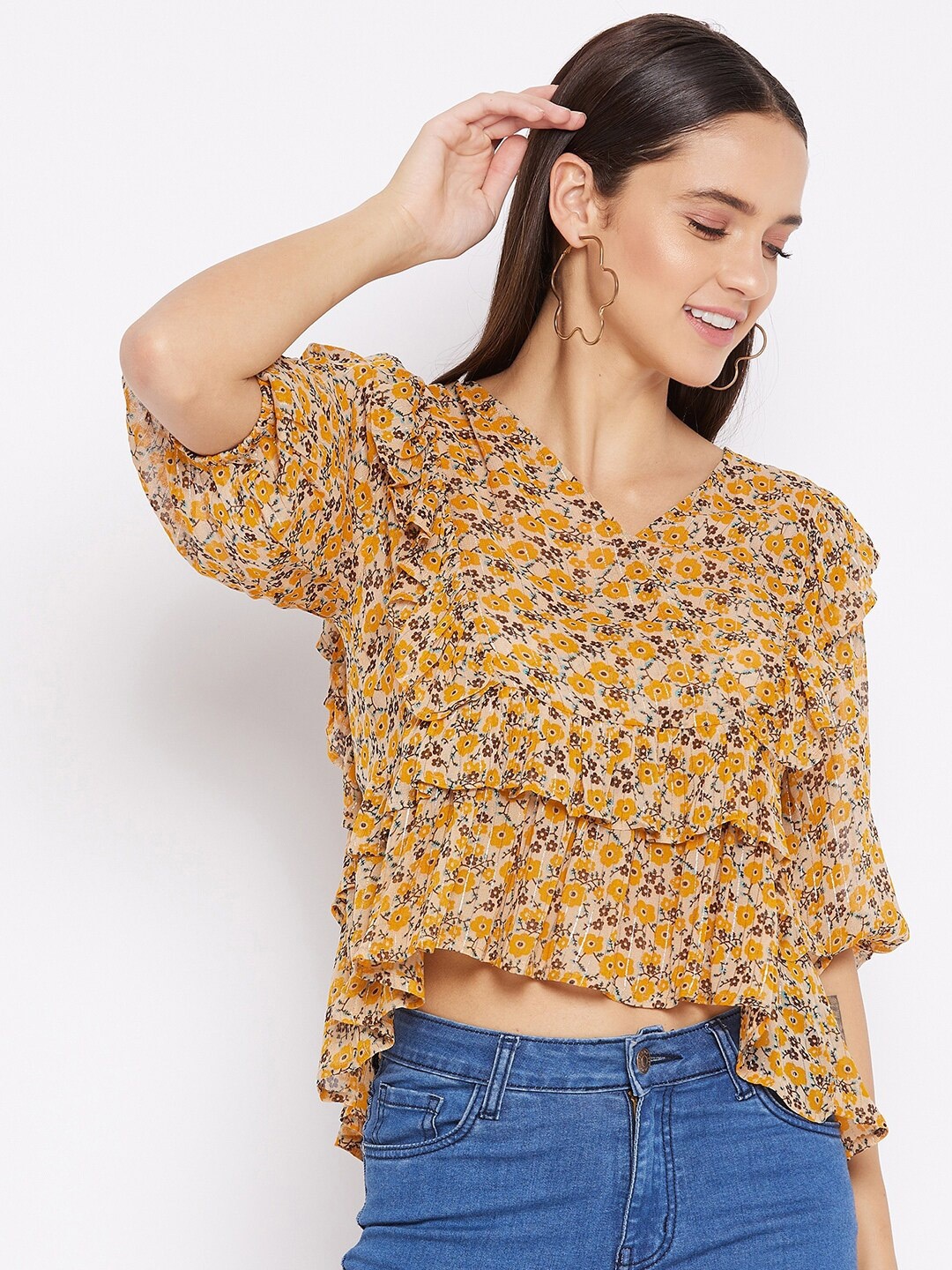 

JUNE & HARRY Yellow Floral Print Ruffles Georgette High-Low Crop Top