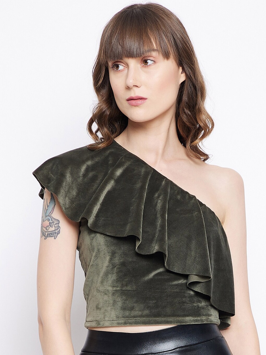 

JUNE & HARRY Olive Green One Shoulder Ruffles Crop Top