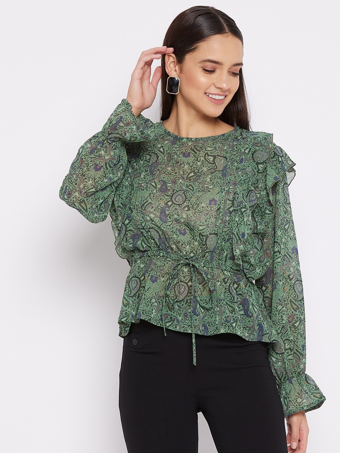 

JUNE & HARRY Green Floral Print Ruffles Georgette Cinched Waist Top