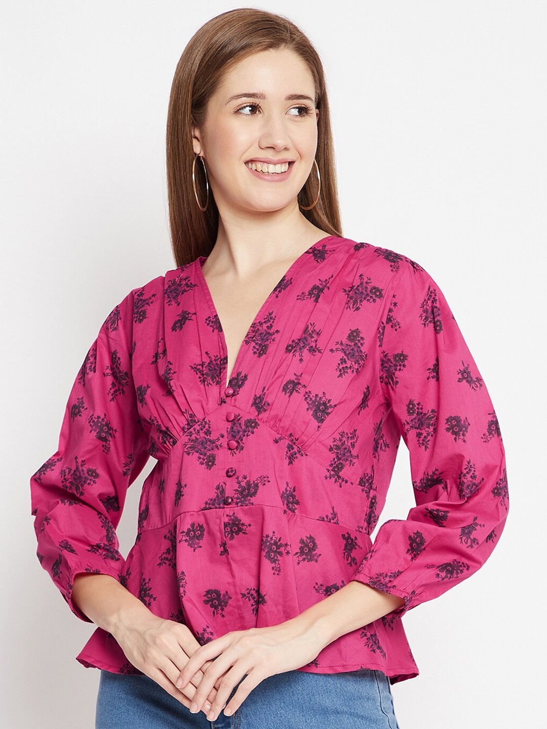 

JUNE & HARRY Magenta Floral Printed A-Line Top With Gathered