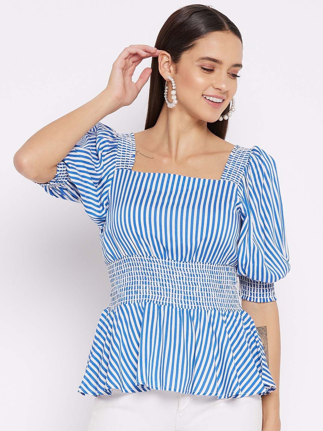 

JUNE & HARRY Blue Striped Cinched Waist Top