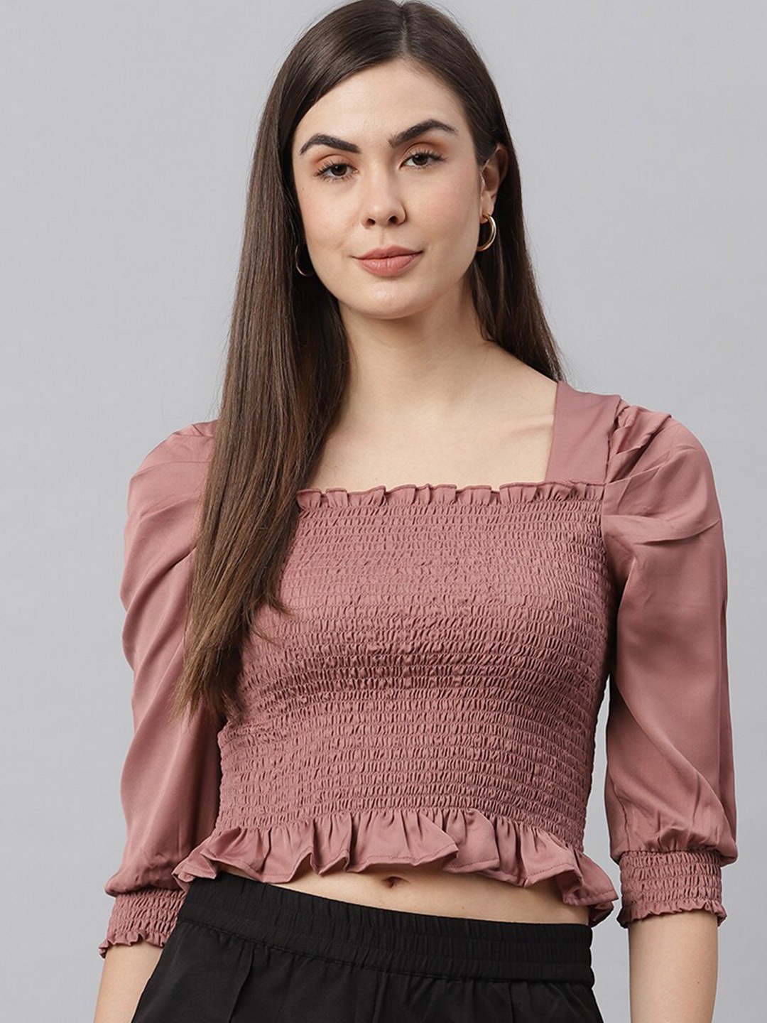 

JUNE & HARRY Mauve Satin Smocked Fitted Crop Top