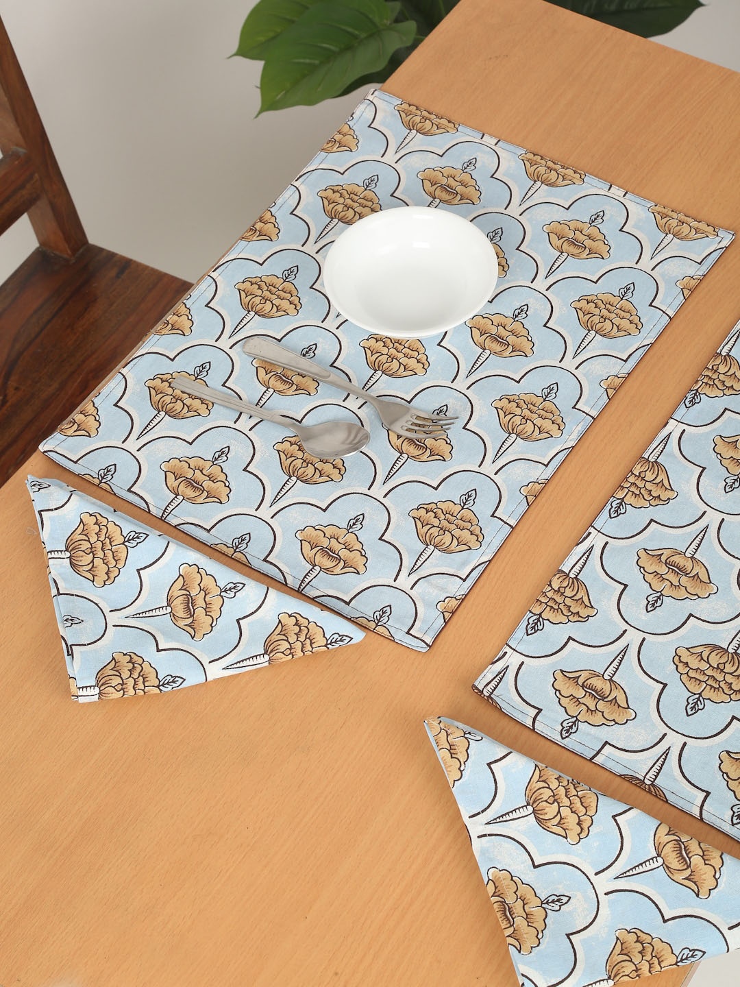 

Rajasthan Decor Set of 12 Blue & Brown Printed Cotton Table Mat & Napkin Set