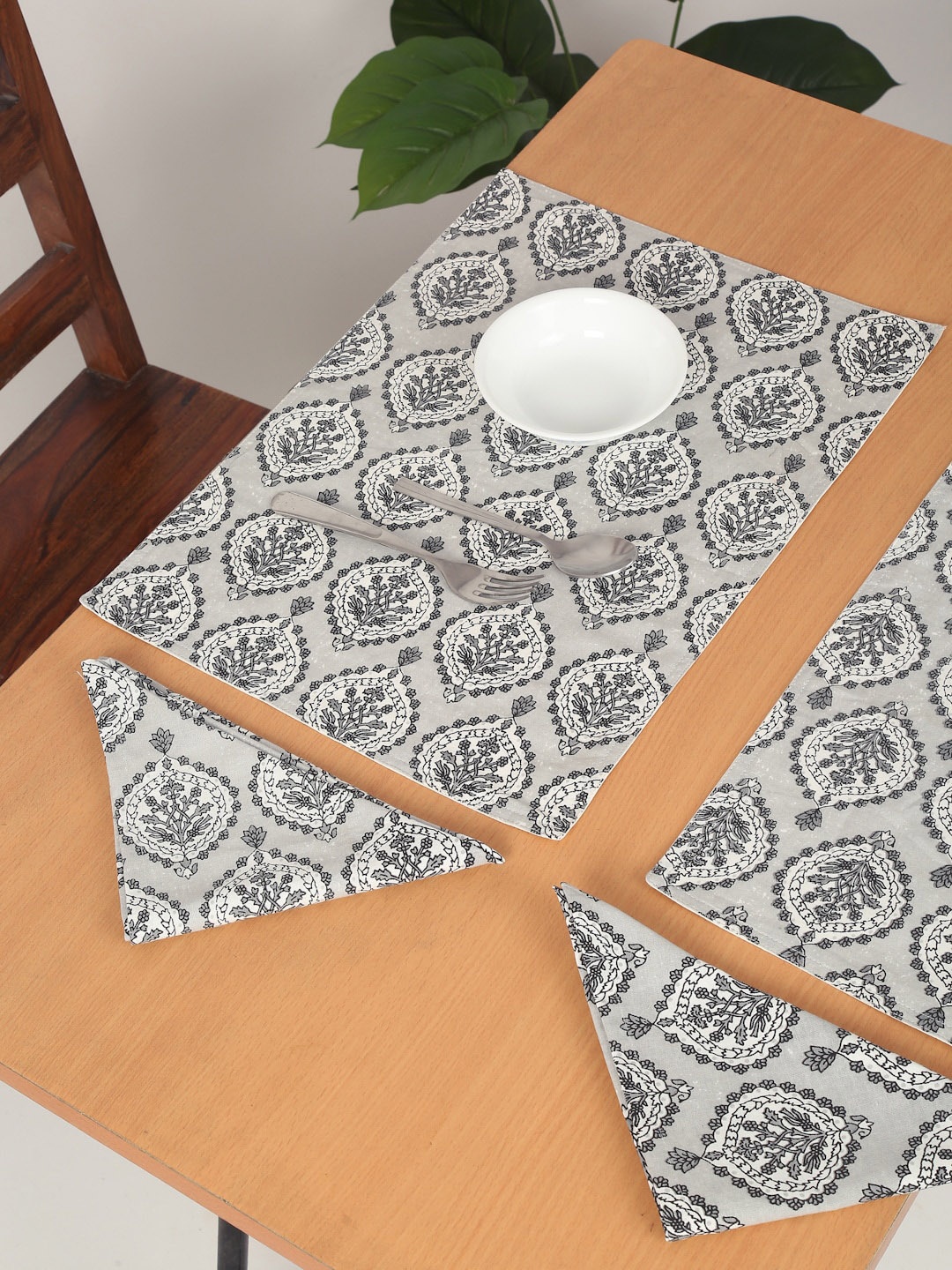 

Rajasthan Decor Set Of 12 Grey Printed Table Placemats And Napkin Set